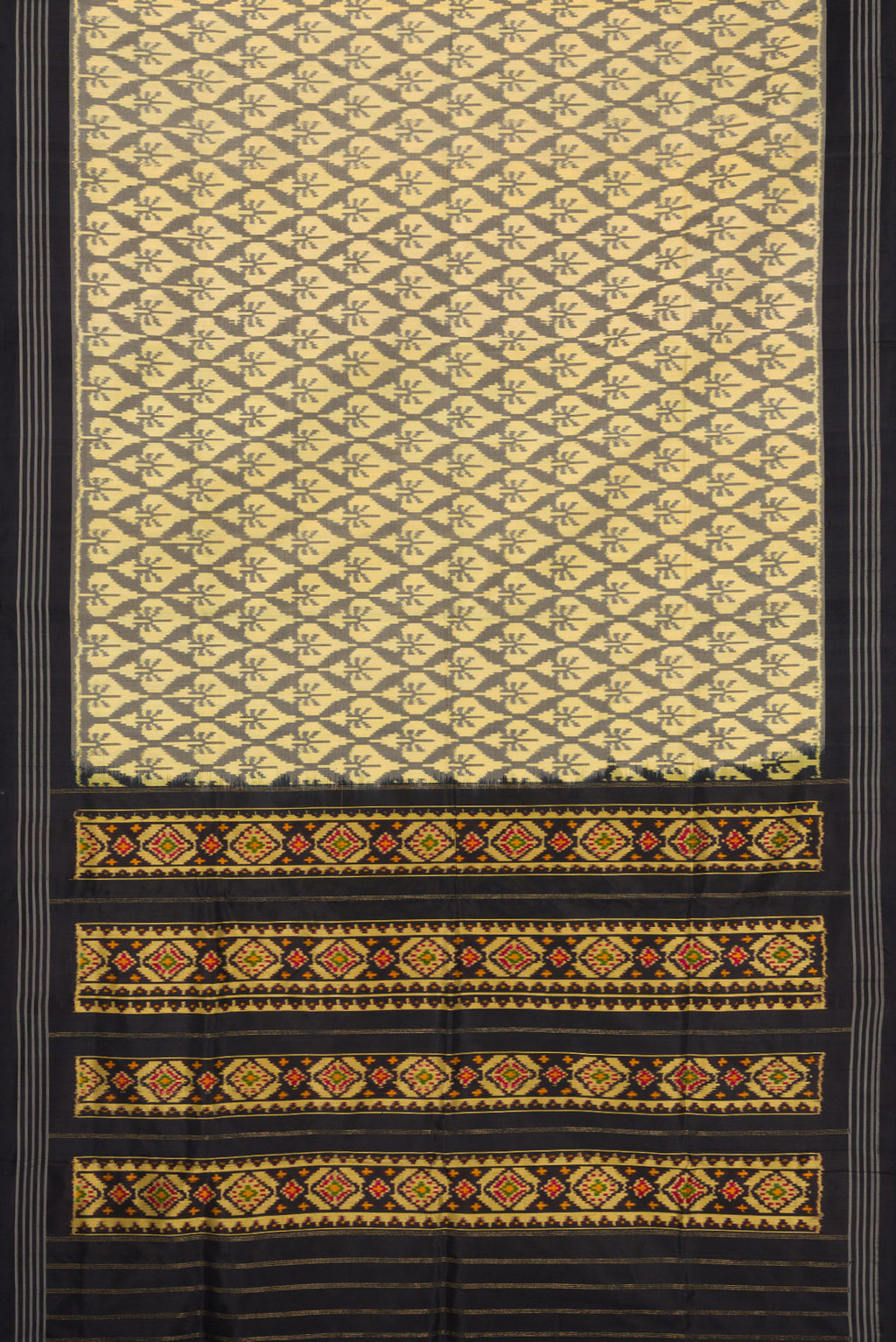 Flat view of Sandal Dual Tone Double Ikat Saree with Ikat Print on the body and Thread Border. 