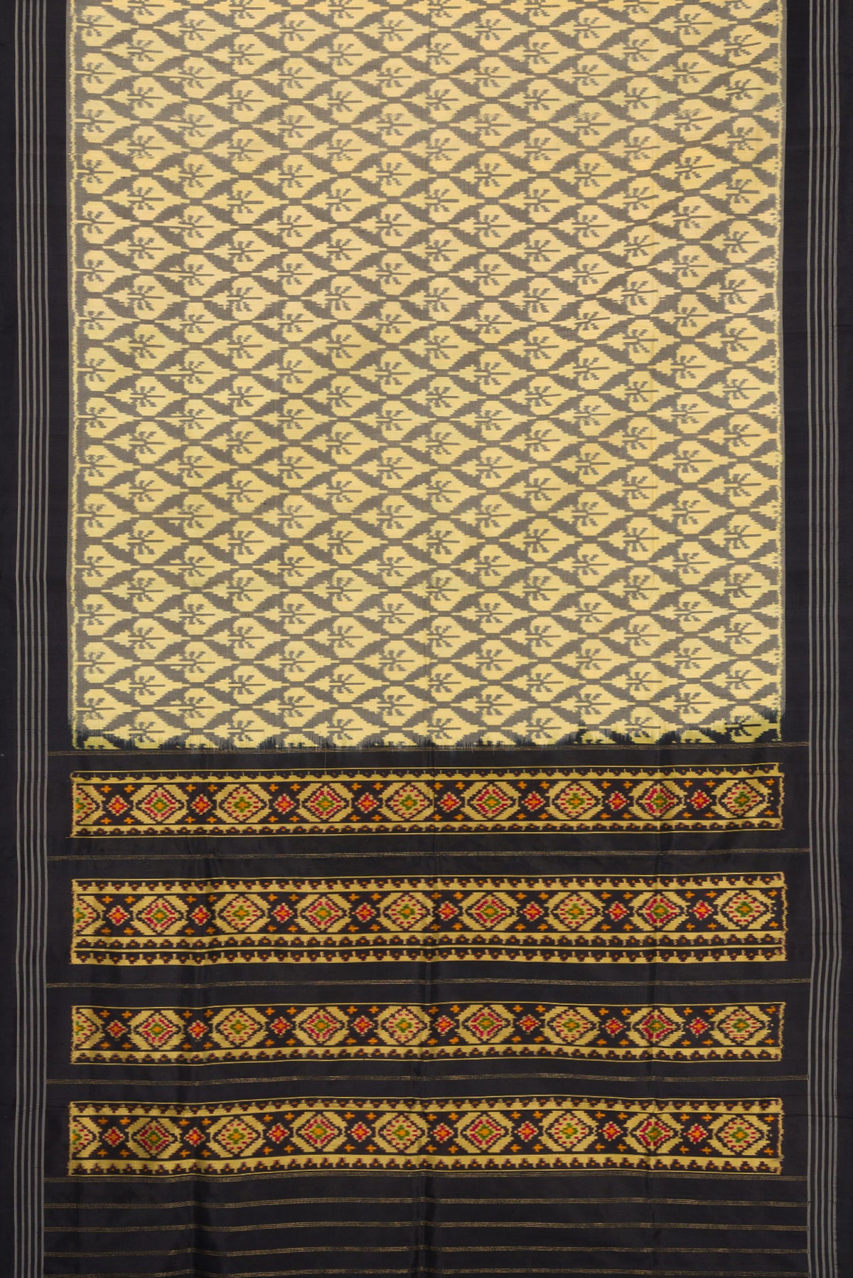 Flat view of Sandal Dual Tone Double Ikat Saree with Ikat Print on the body and Thread Border. 