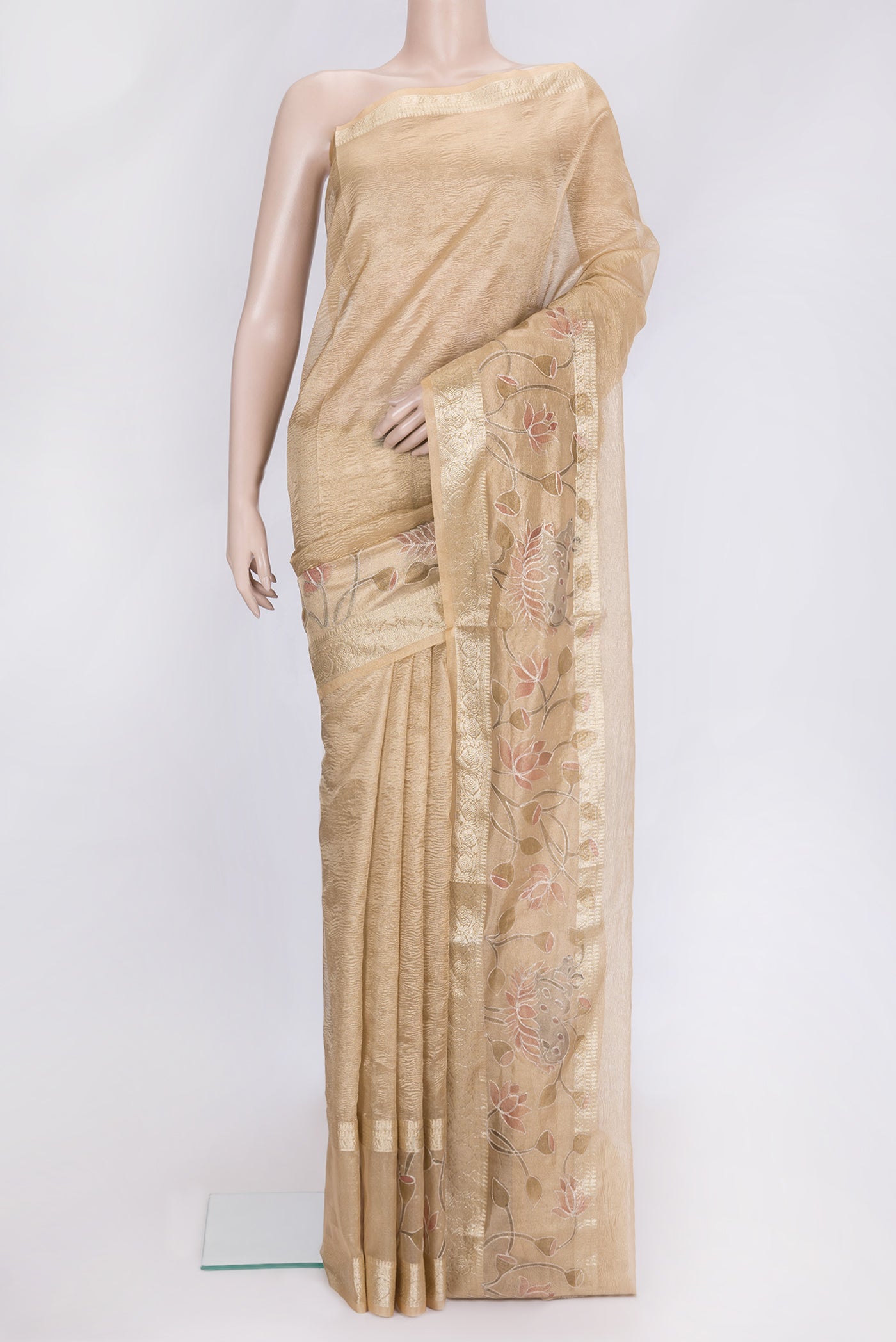 Gold Dual Tone Organza Silk Saree with Plain Body and Embroidery Border.  displayed on a mannequin