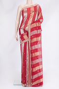 Red Dual Tone Banarasi Georgette Saree with Stripes on the body and Embroidery Border.  displayed on a mannequin