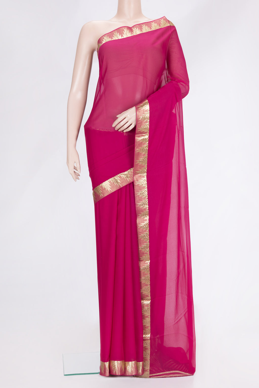 Pink Dual Tone Mysore Georgette Saree with Plain Body and Temple Border.  displayed on a mannequin