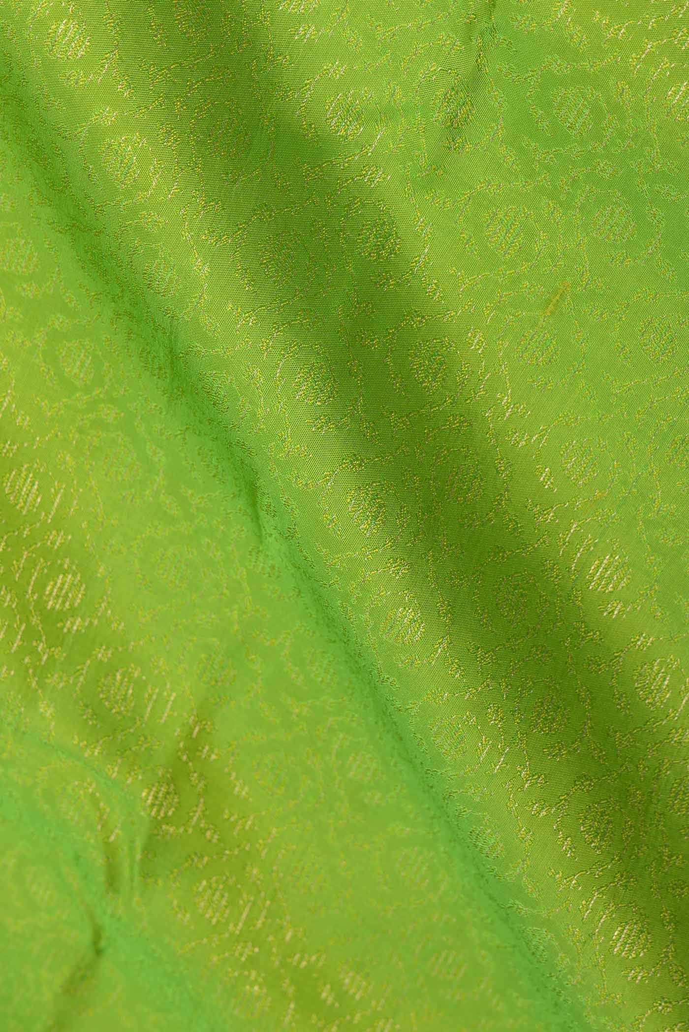 Close up of Parrot Green Dual Tone Kanchipuram Saree with Jacquard With Zari Butta on the body and Zari Border displaying folds