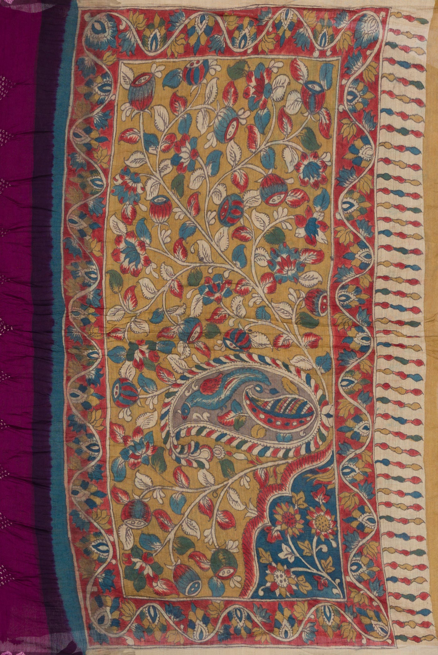 Close up image of the pallu of Magenta and Purple Color Bandhani Silk Saree with Bandhani Print on the body and Printed Border. 