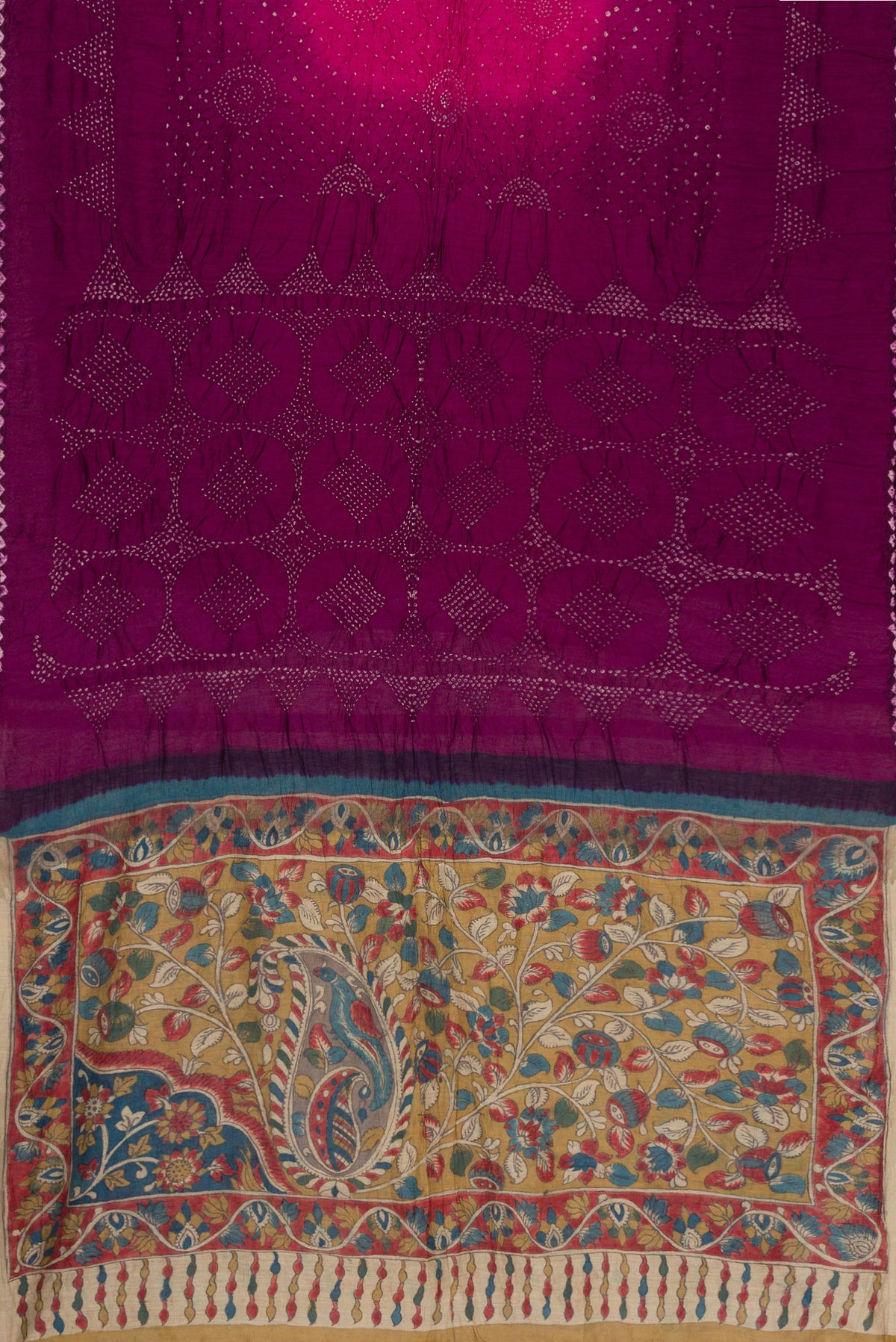 Flat view of Magenta and Purple Color Bandhani Silk Saree with Bandhani Print on the body and Printed Border. 