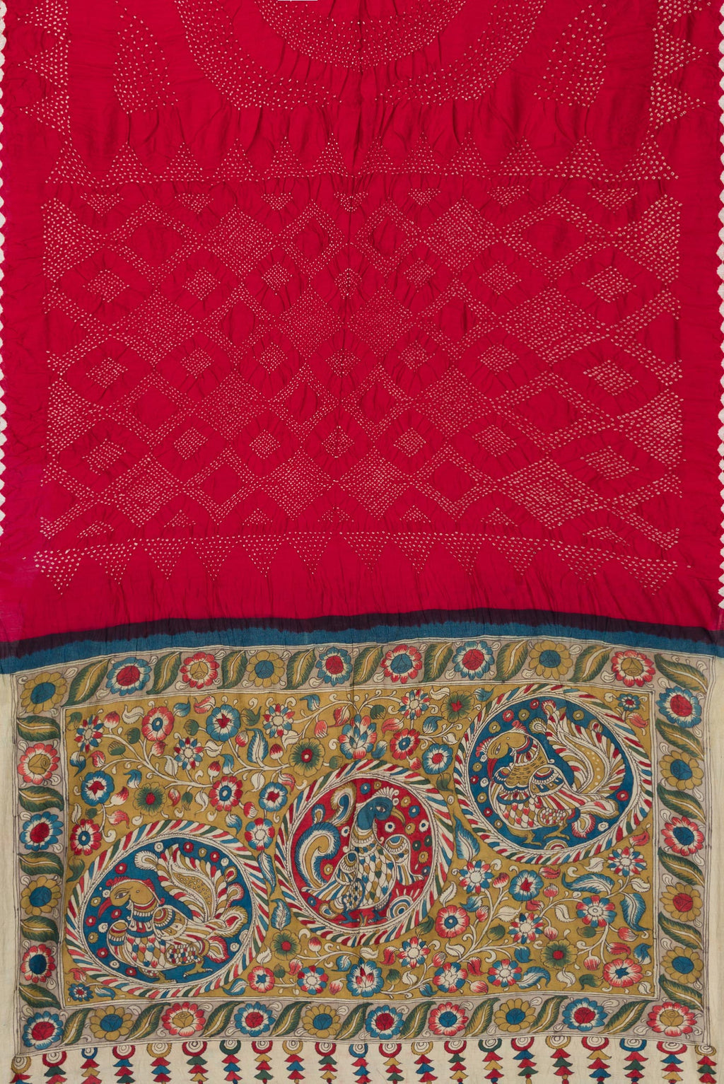 Flat view of Maroon Dual Tone Bandhani Silk Saree with Bandhani Print on the body and Printed Border. 