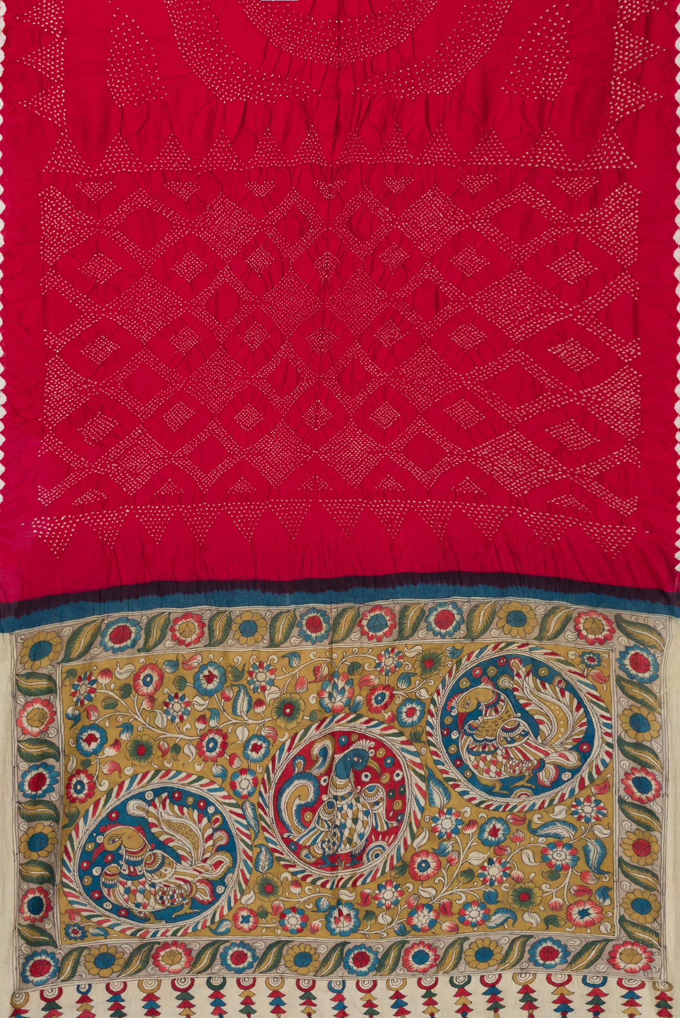 Flat view of Maroon Dual Tone Bandhani Silk Saree with Bandhani Print on the body and Printed Border. 