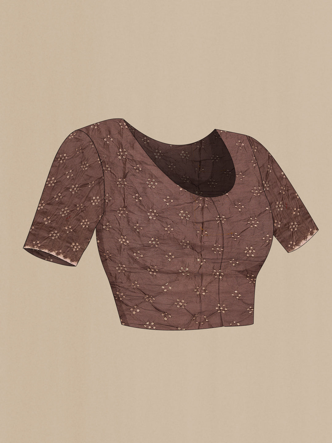 Close up image of the blouse of Maroon Dual Tone Bandhani Silk Saree with Bandhani Print on the body and Printed Border. 