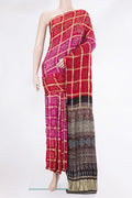 Pure Silk Pink and Red Color Bandhani Saree with Bandhani on the body and Without Border.  displayed on a mannequin