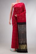 Red Dual Tone Bandhani Silk Saree with Bandhani Print on the body and Without Border.  displayed on a mannequin