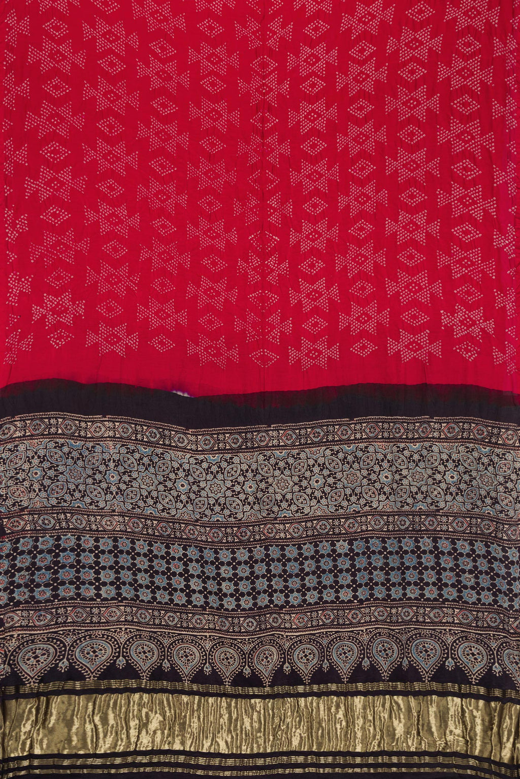 Flat view of Red Dual Tone Bandhani Silk Saree with Bandhani Print on the body and Without Border. 