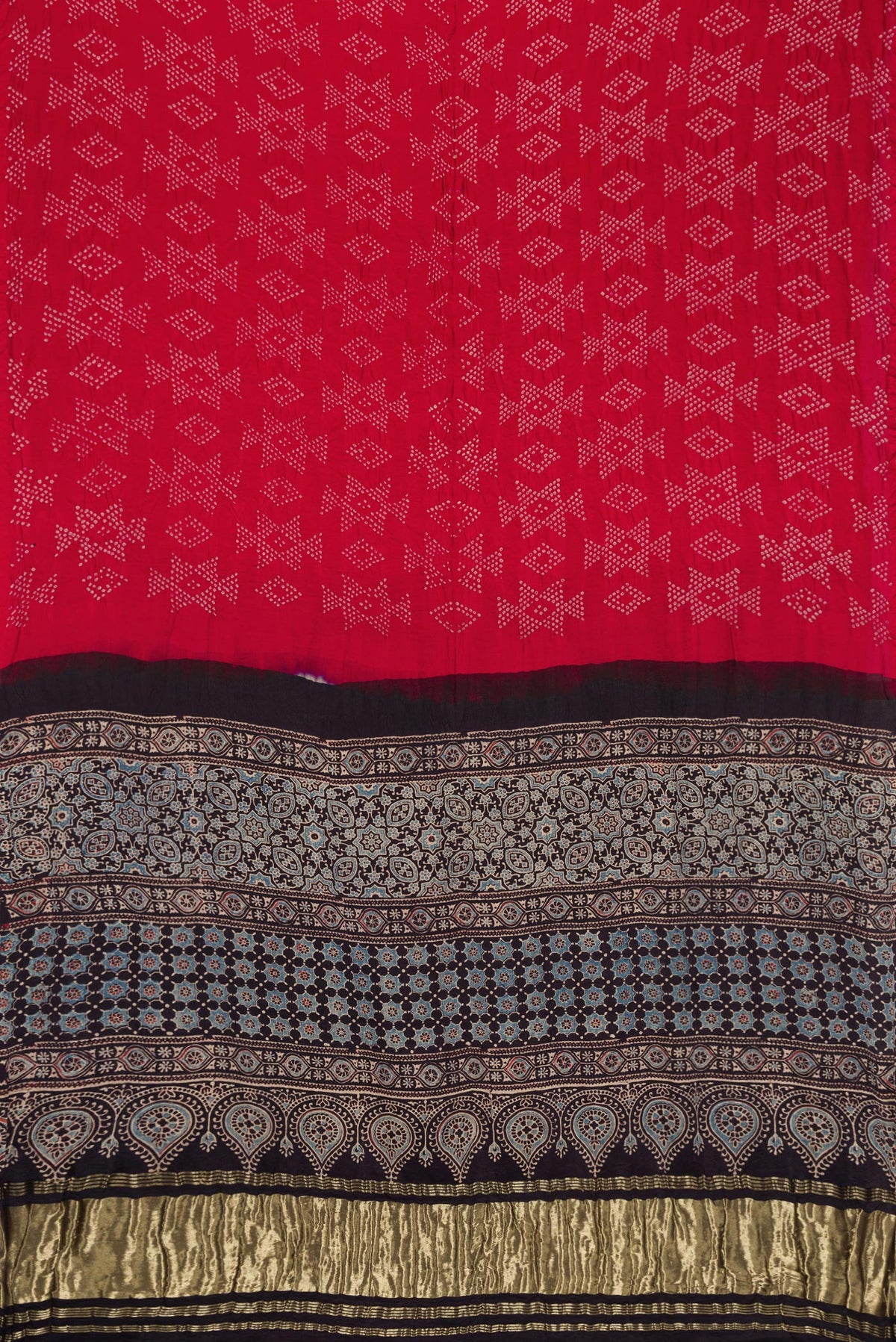 Flat view of Red Dual Tone Bandhani Silk Saree with Bandhani Print on the body and Without Border. 