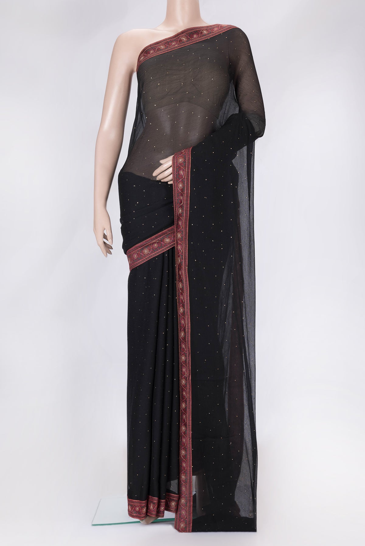 Black Dual Tone Mysore Chiffon Saree with Embroidery on the body and Embroidery Border.  displayed on a mannequin
