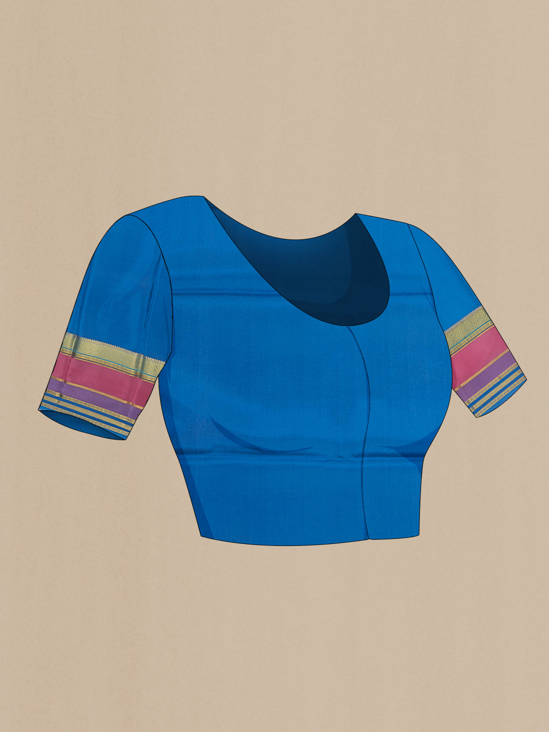 Close up image of the blouse of Maya Blue Mysore Silk Saree with Plain Body and Zari Border. 
