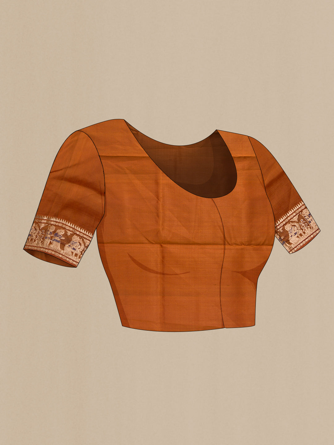 Close up image of the blouse of Caramel Dual Tone Baluchari Silk Saree with Zari And Thread Butta on the body and Fancy Border. 