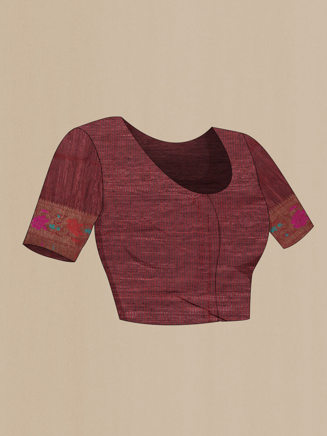 Close up image of the blouse of Black Dual Tone Tussar Saree with Zari Butta on the body and Zari Border. 