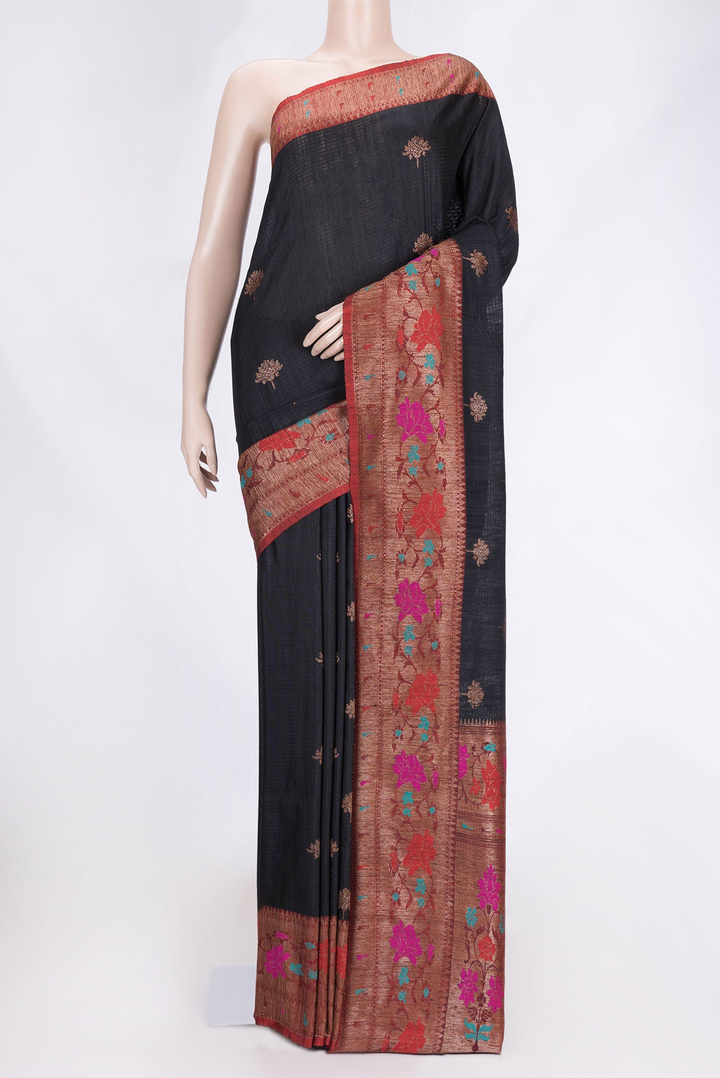 Black Dual Tone Tussar Saree with Zari Butta on the body and Zari Border.  displayed on a mannequin