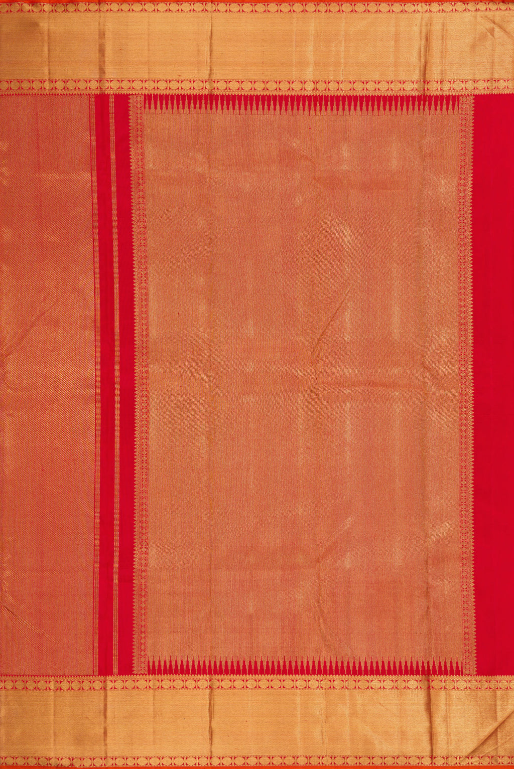 Close up image of the pallu of Pure Silk Pure Zari Red Dual Tone Kanjivaram Saree with Zari Brocade on the body and Zari Border. 