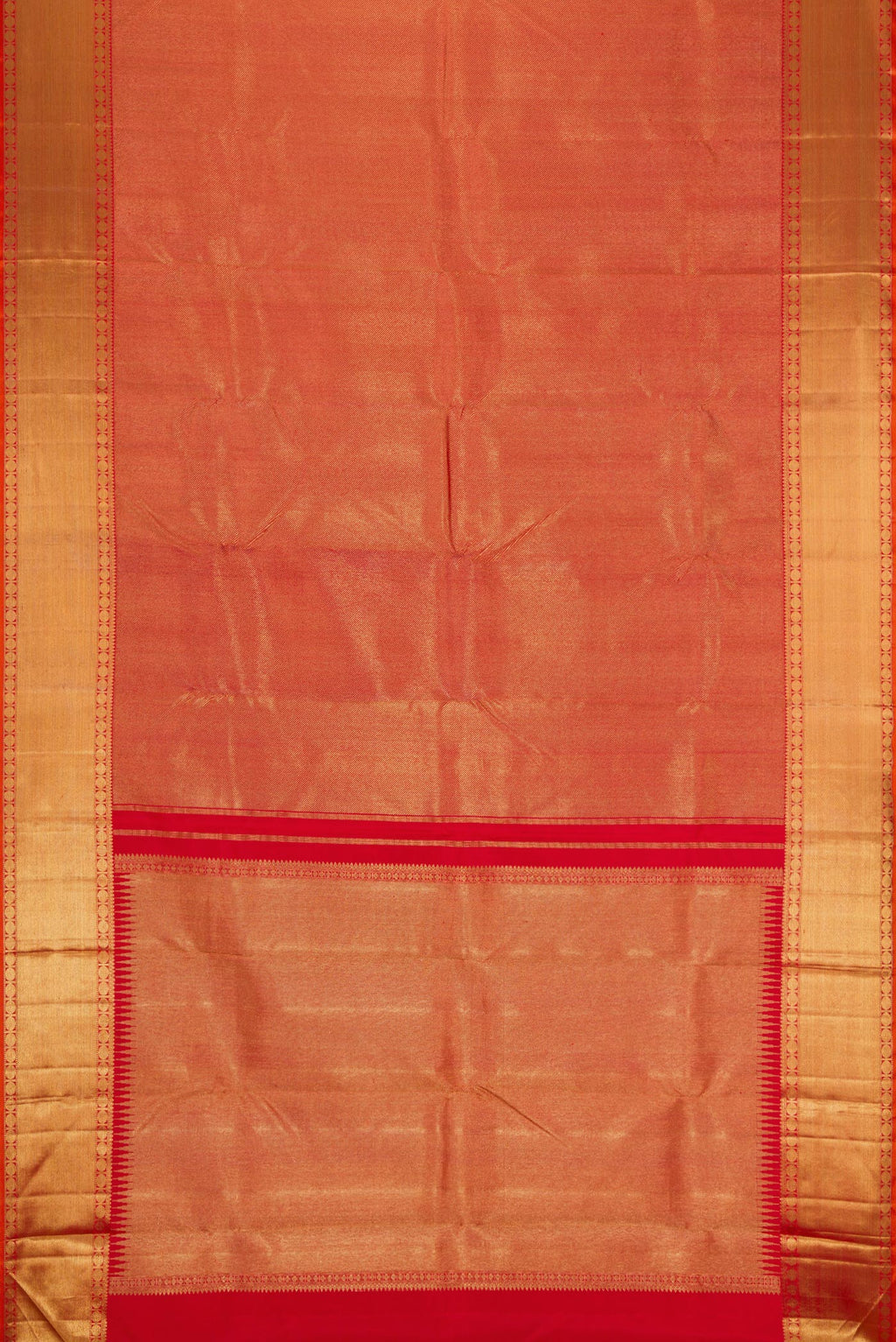 Flat view of Pure Silk Pure Zari Red Dual Tone Kanjivaram Saree with Zari Brocade on the body and Zari Border. 