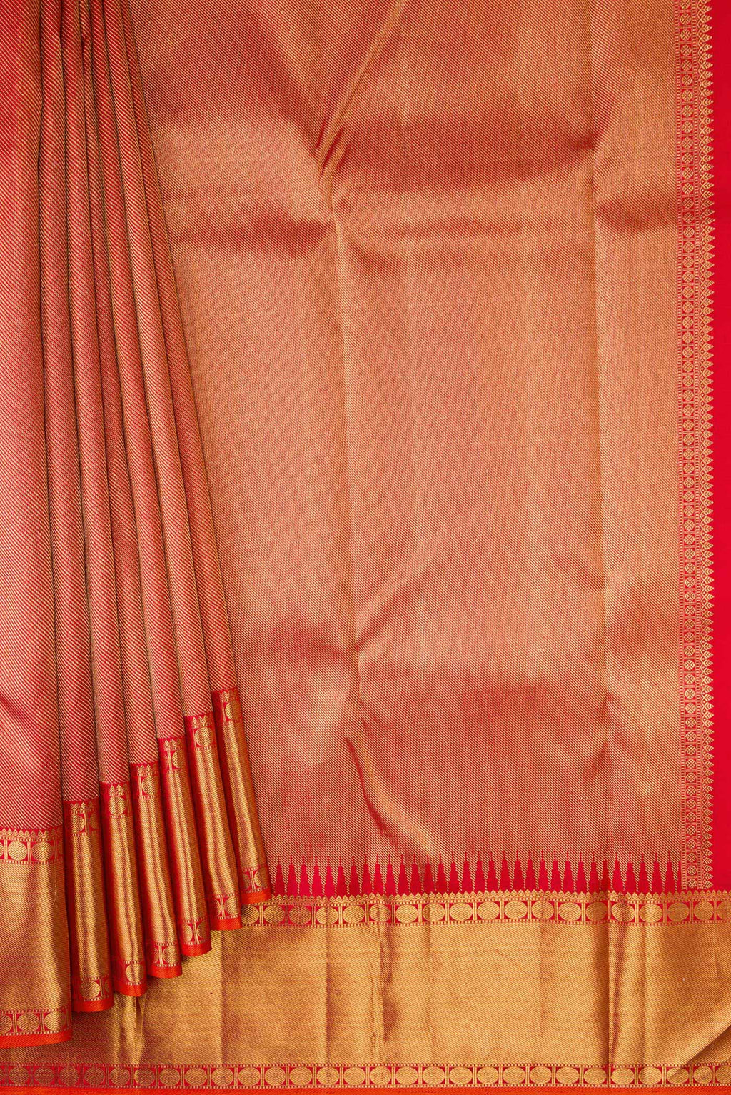 Pleats and pallu of Pure Silk Pure Zari Red Dual Tone Kanjivaram Saree with Zari Brocade on the body and Zari Border. 