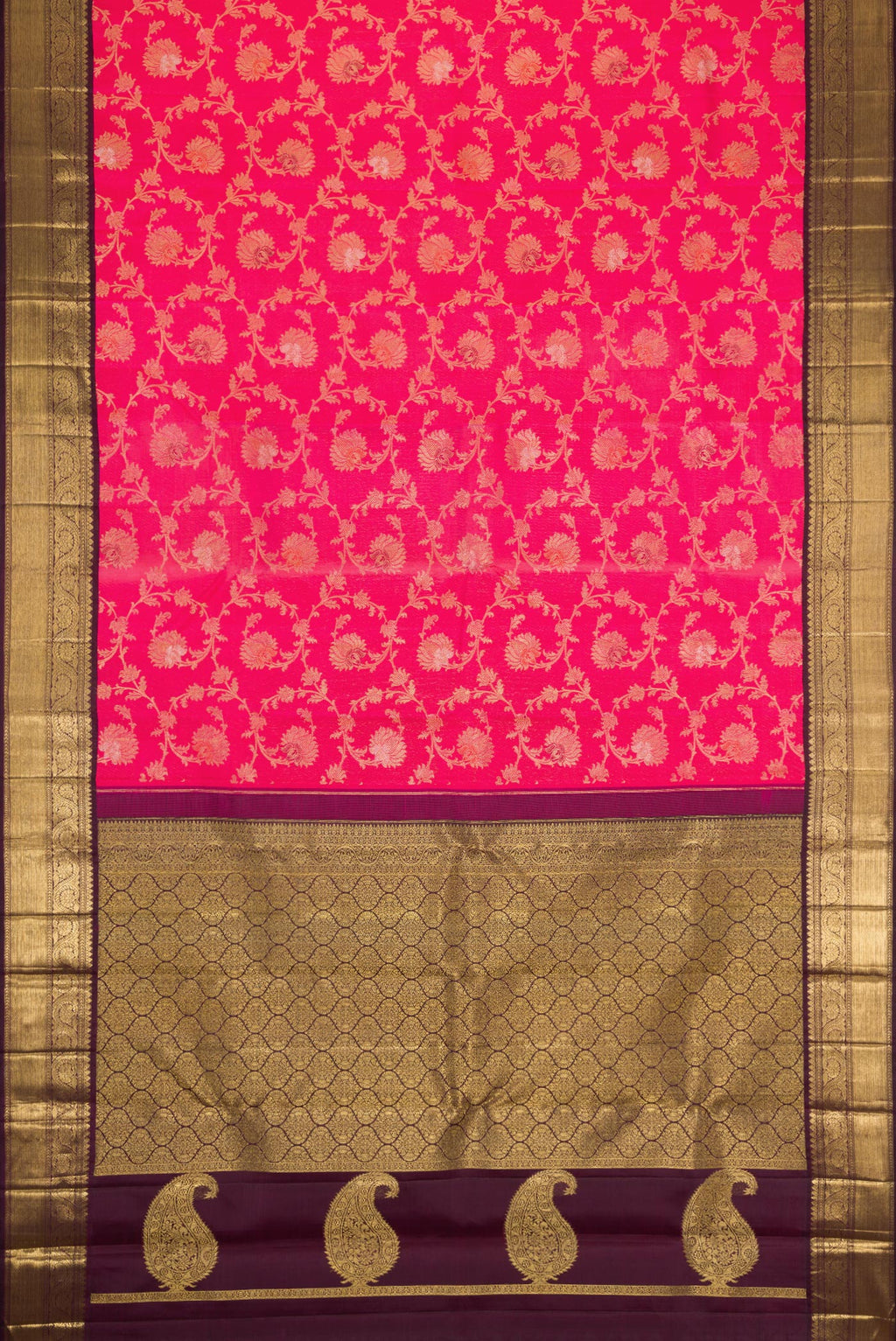 Flat view of Pure Silk Pure Zari Pink Dual Tone Kanjivaram Saree with Zari Brocade on the body and Zari Border. 