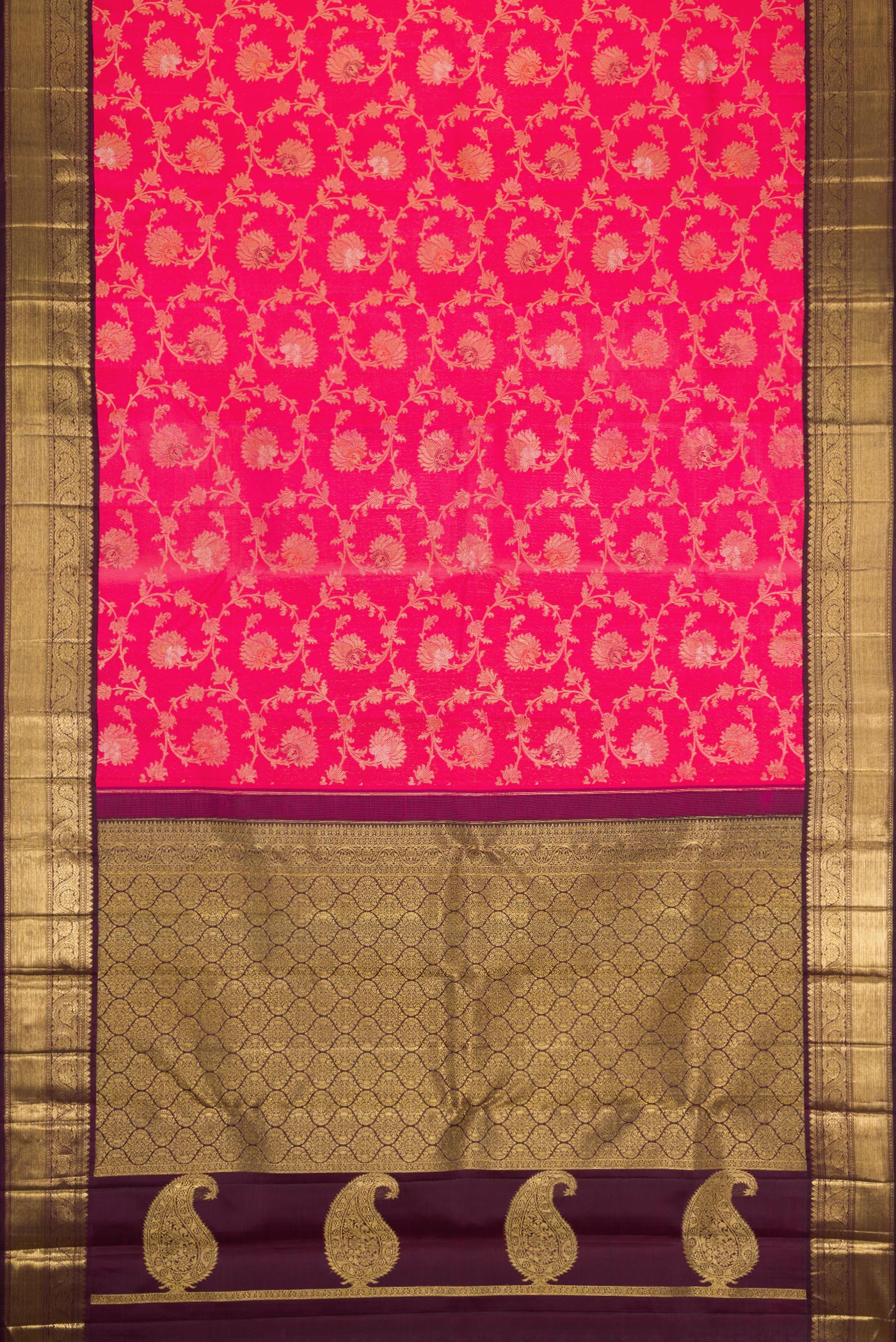 Flat view of Pure Silk Pure Zari Pink Dual Tone Kanjivaram Saree with Zari Brocade on the body and Zari Border. 