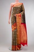 Pure Silk Pure Zari Brown Dual Tone Kanjivaram Saree with Zari Brocade on the body and Zari Border.  displayed on a mannequin