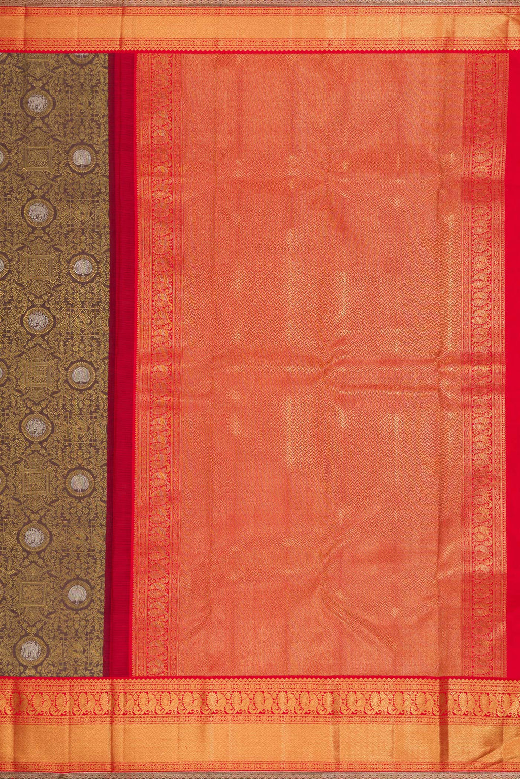 Close up image of the pallu of Pure Silk Pure Zari Brown Dual Tone Kanjivaram Saree with Zari Brocade on the body and Zari Border. 