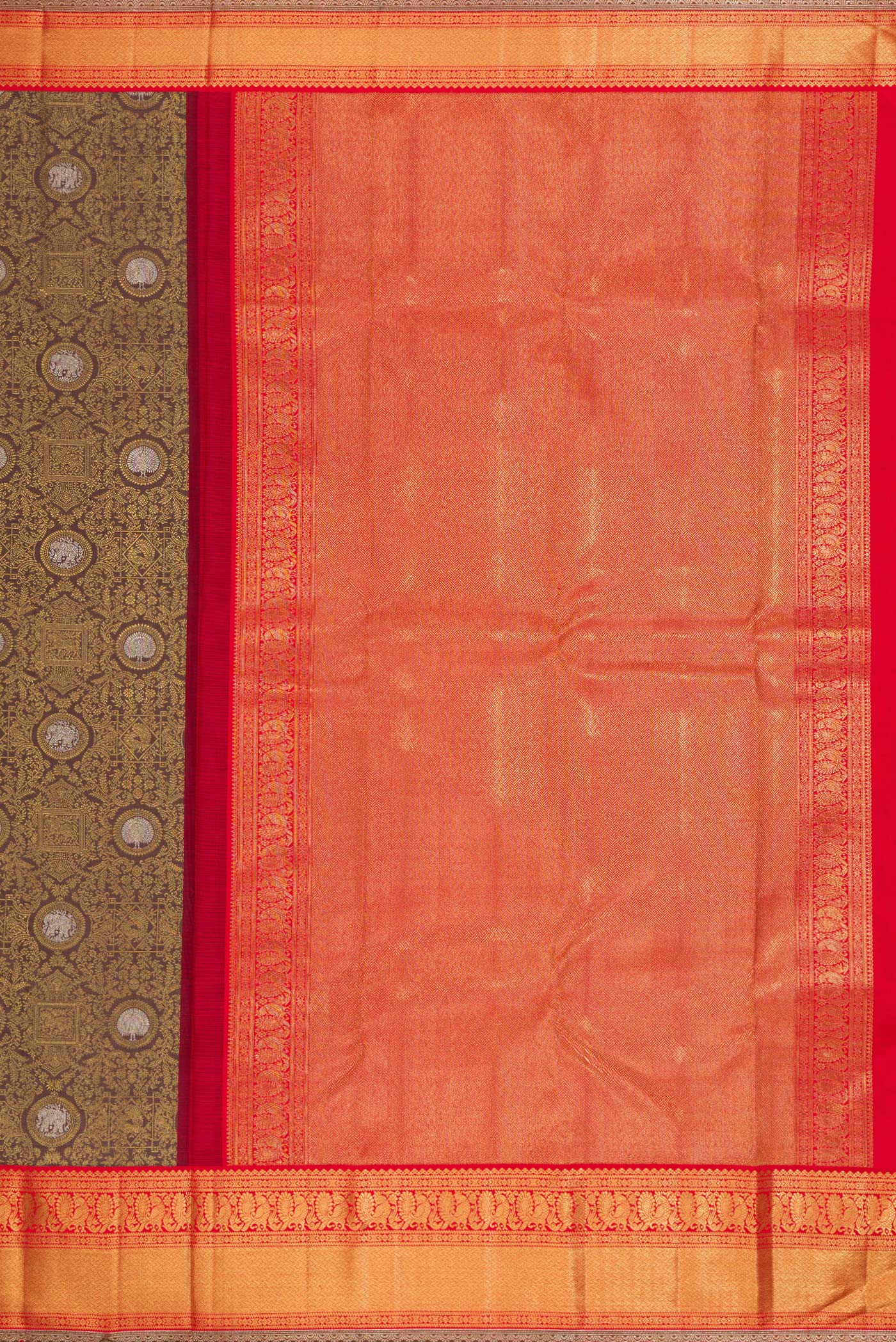 Close up image of the pallu of Pure Silk Pure Zari Brown Dual Tone Kanjivaram Saree with Zari Brocade on the body and Zari Border. 