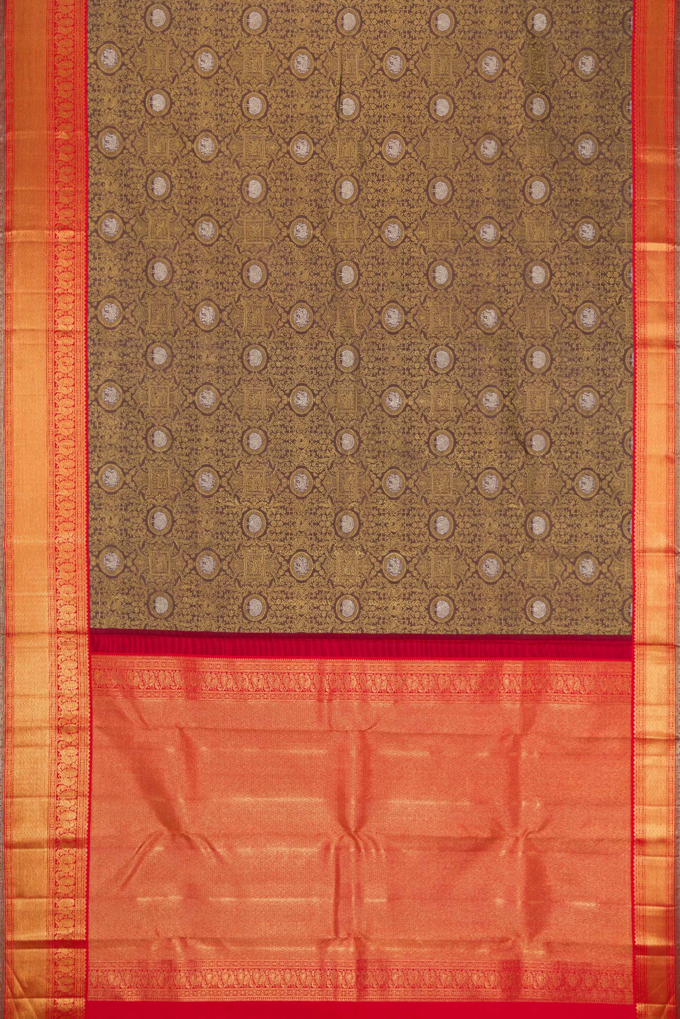 Flat view of Pure Silk Pure Zari Brown Dual Tone Kanjivaram Saree with Zari Brocade on the body and Zari Border. 