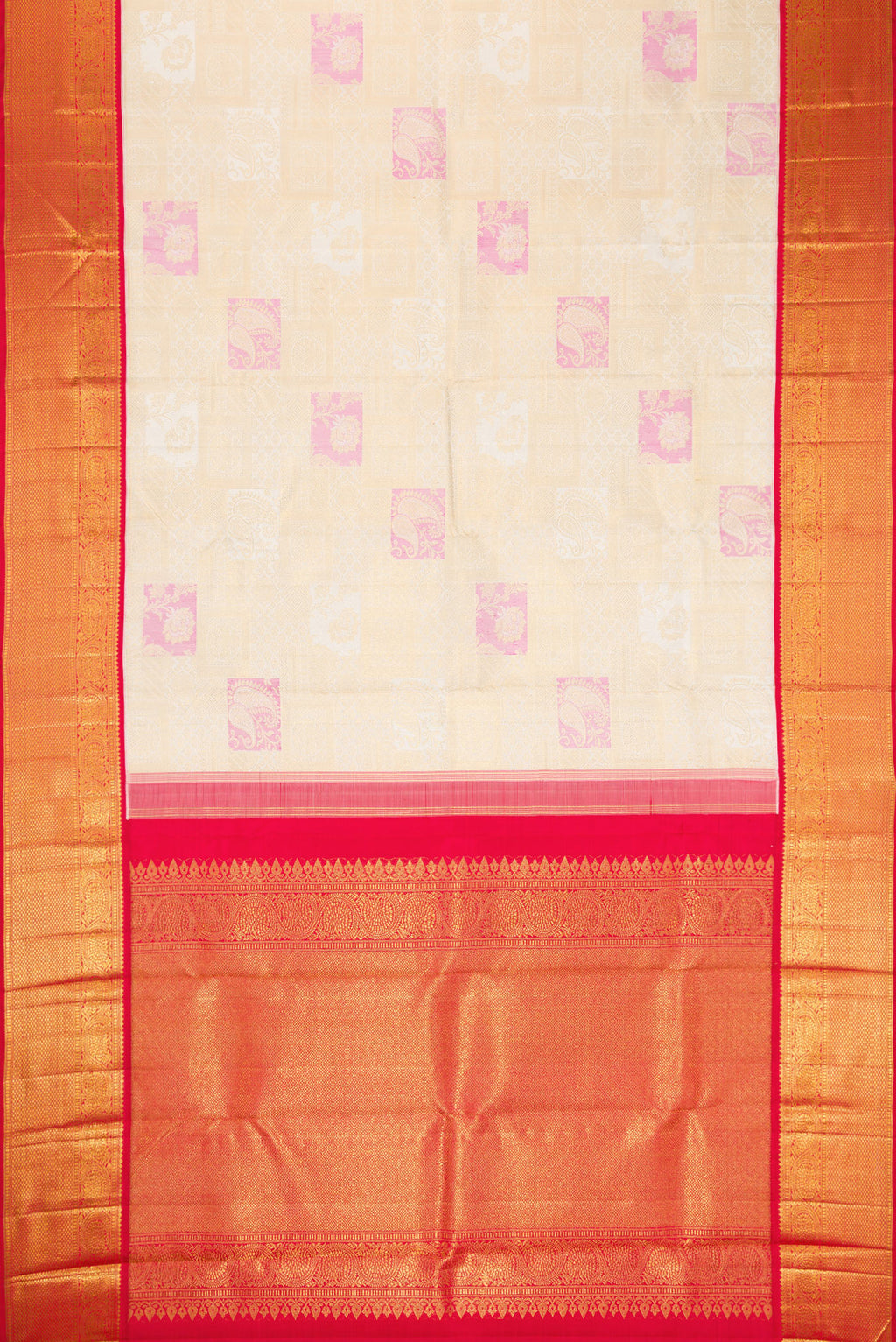 Flat view of Off White Dual Tone Kanchipuram Silk Saree with Zari Brocade on the body and Zari Border. 