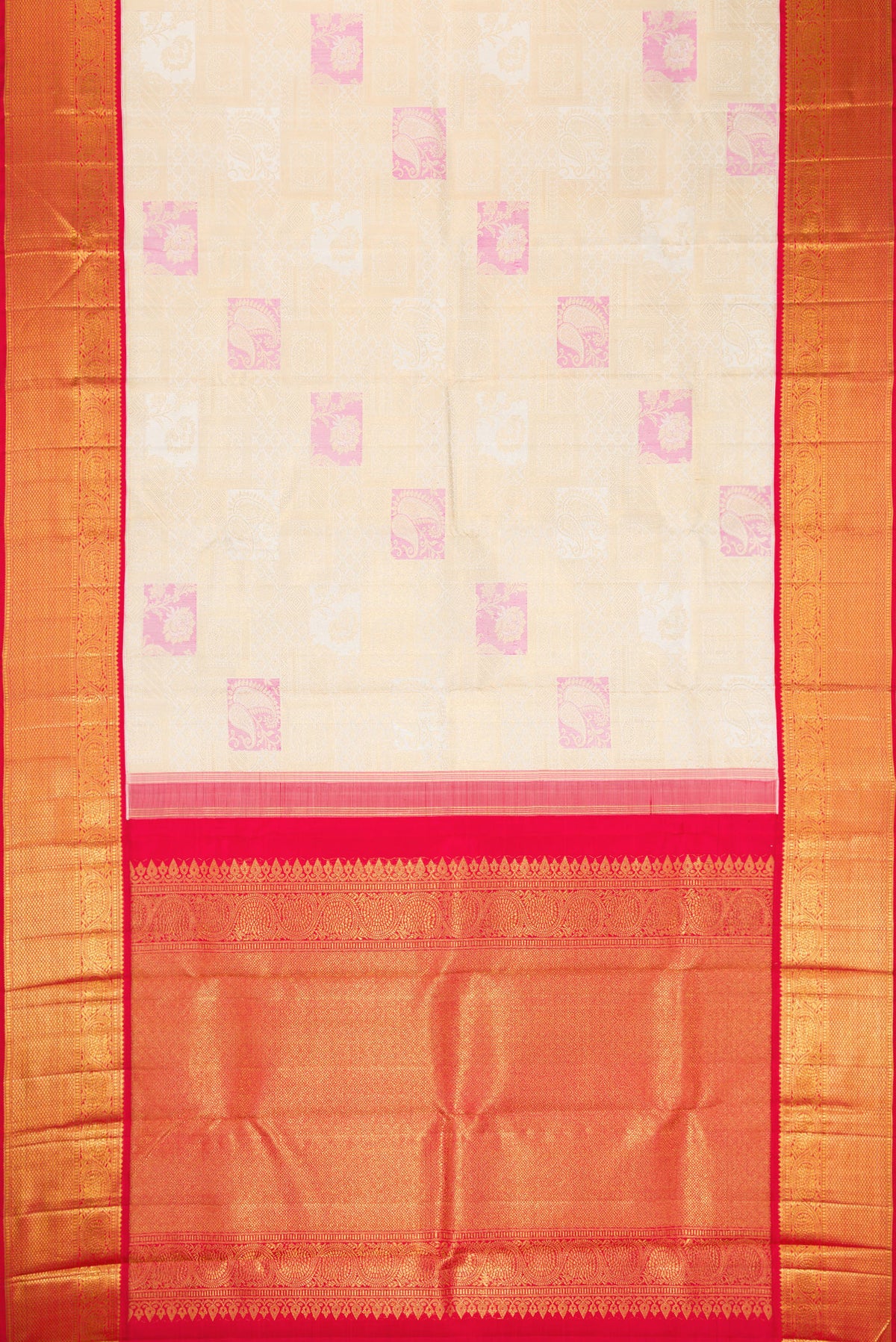 Flat view of Off White Dual Tone Kanchipuram Silk Saree with Zari Brocade on the body and Zari Border. 