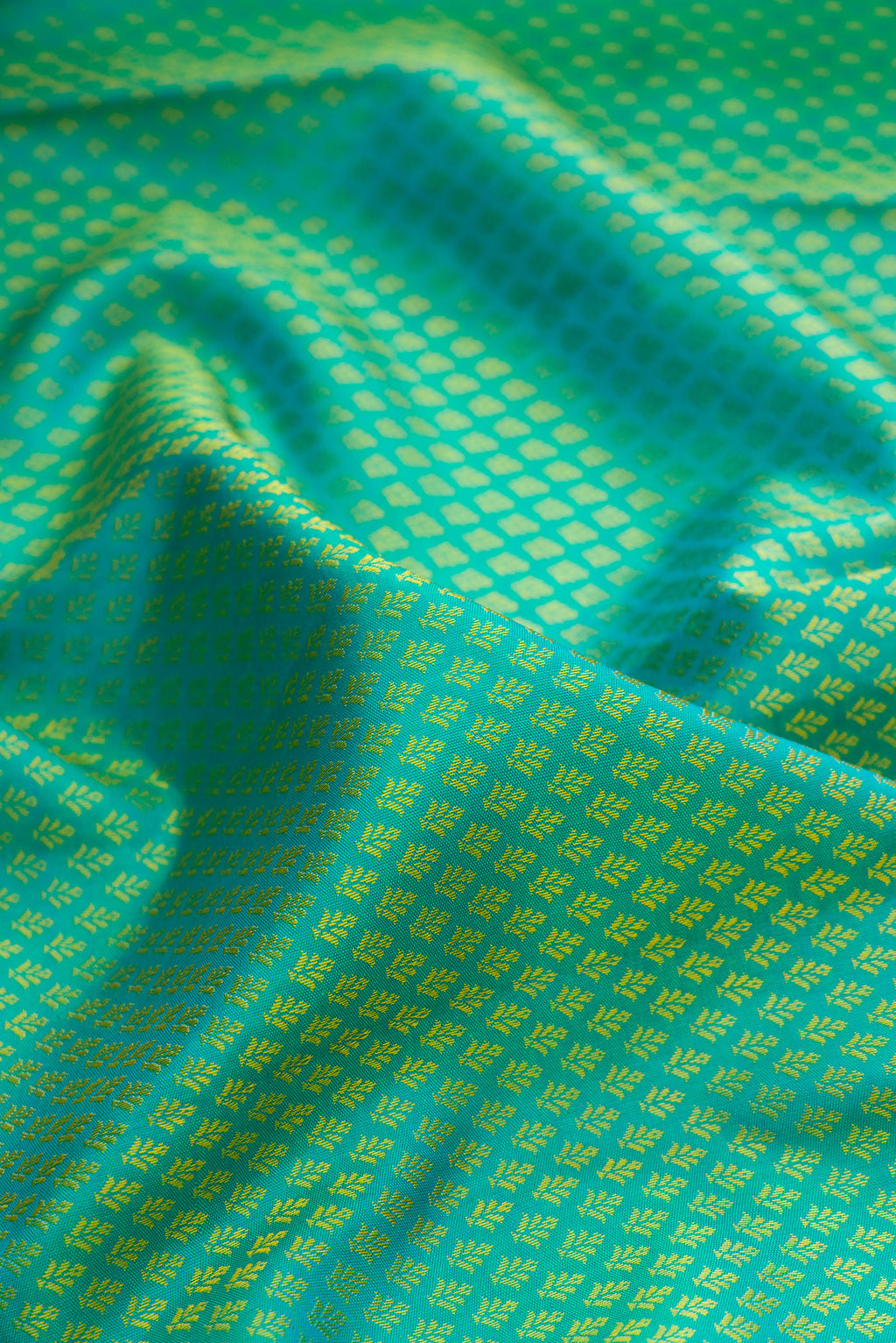 Close up of Pure Silk Pure Zari Sea Green Dual Tone Kanchipuram Saree with Jacquard design on the body and Zari Border.  displaying folds