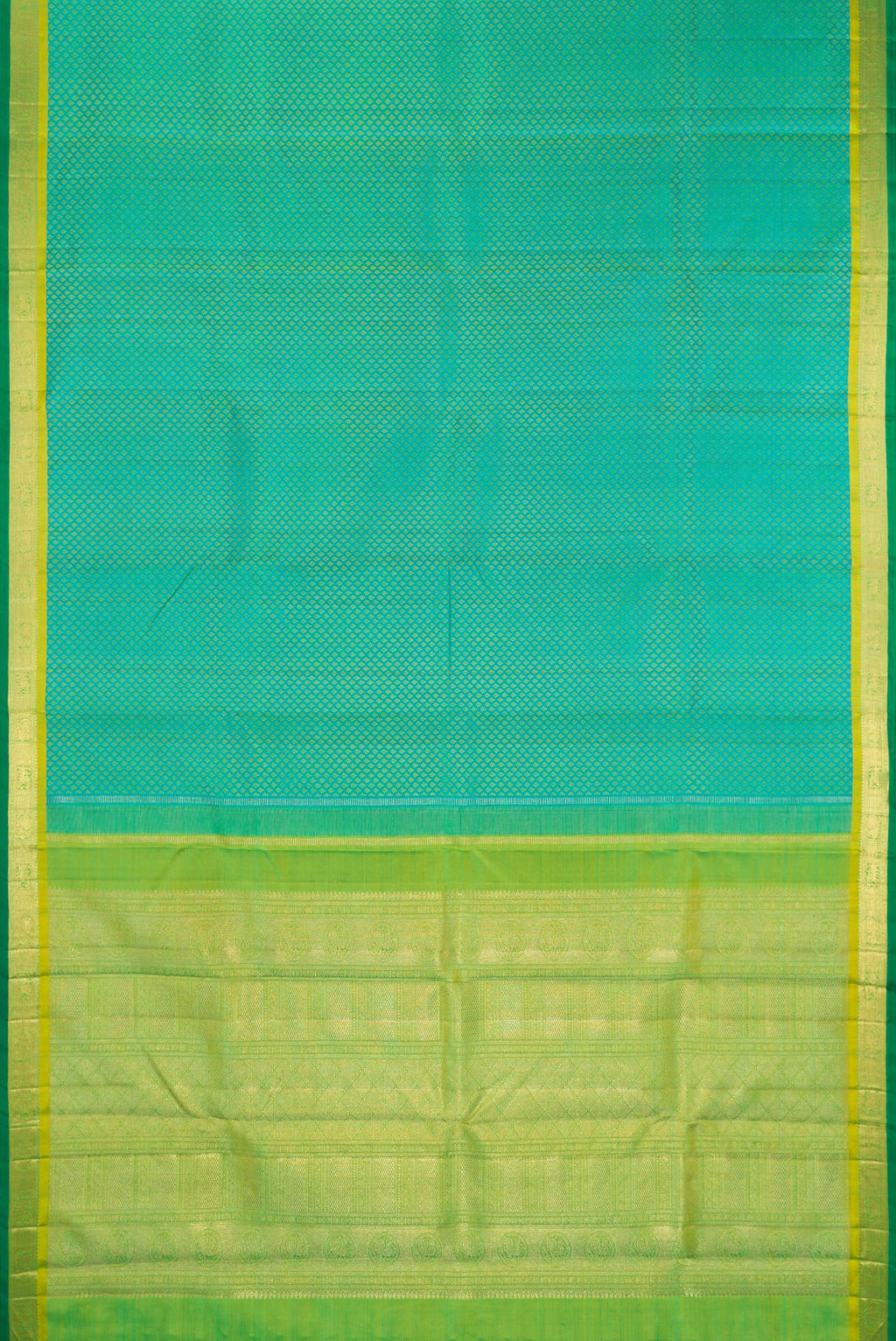 Flat view of Pure Silk Pure Zari Sea Green Dual Tone Kanchipuram Saree with Jacquard design on the body and Zari Border. 