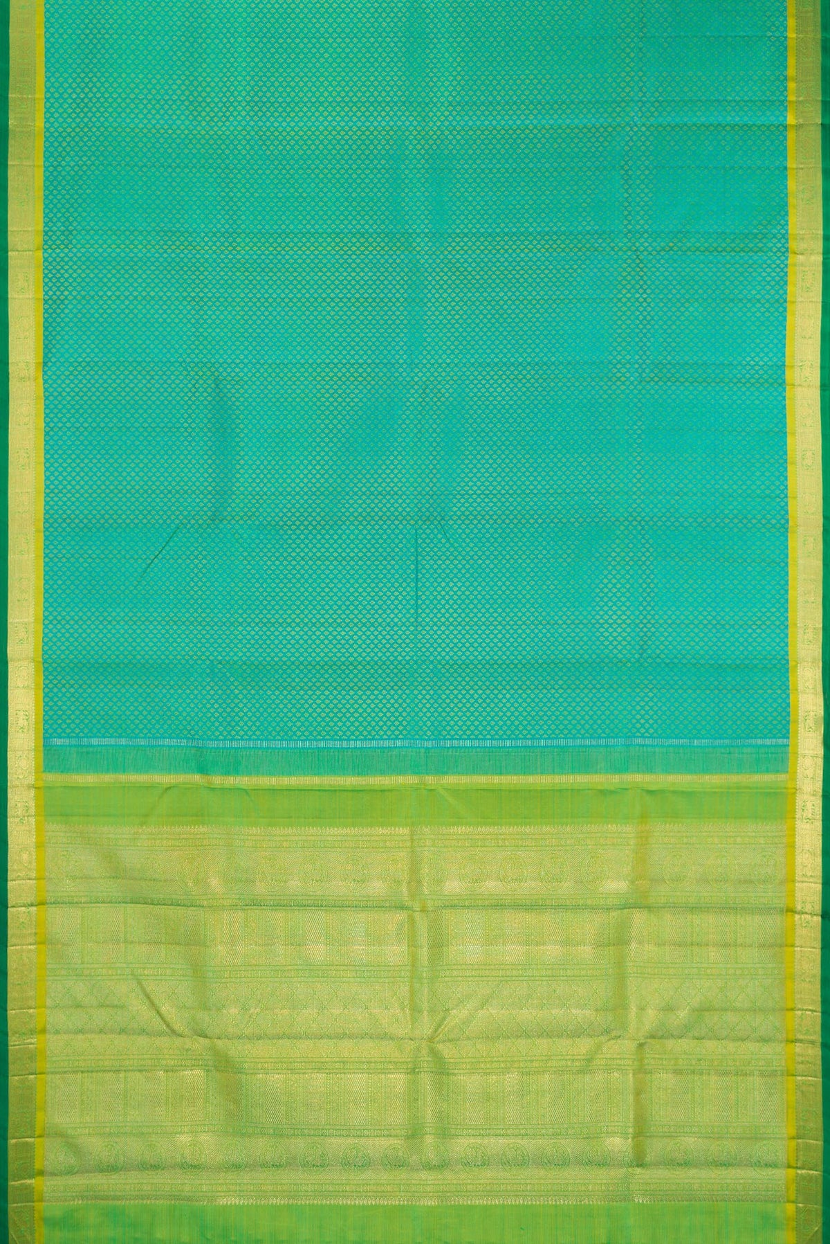 Flat view of Pure Silk Pure Zari Sea Green Dual Tone Kanchipuram Saree with Jacquard design on the body and Zari Border. 