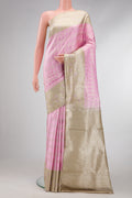 Rose pink Dual Tone Kanjivaram Silk Saree with Zari Brocade on the body and Fancy Border.  displayed on a mannequin