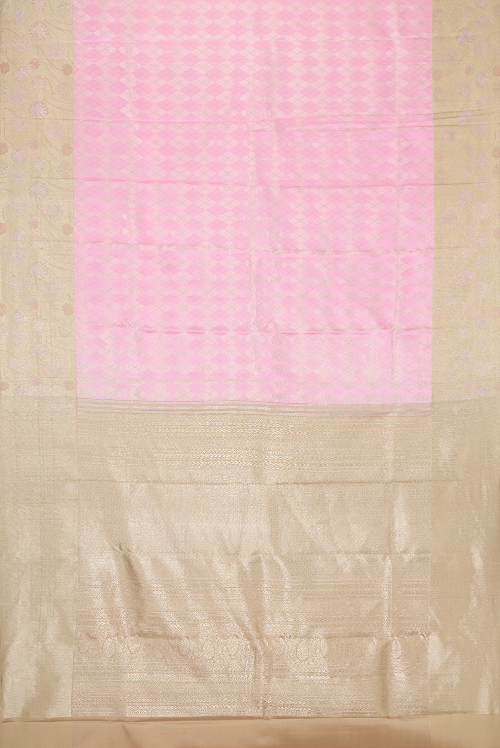 Flat view of Rose pink Dual Tone Kanjivaram Silk Saree with Zari Brocade on the body and Fancy Border. 