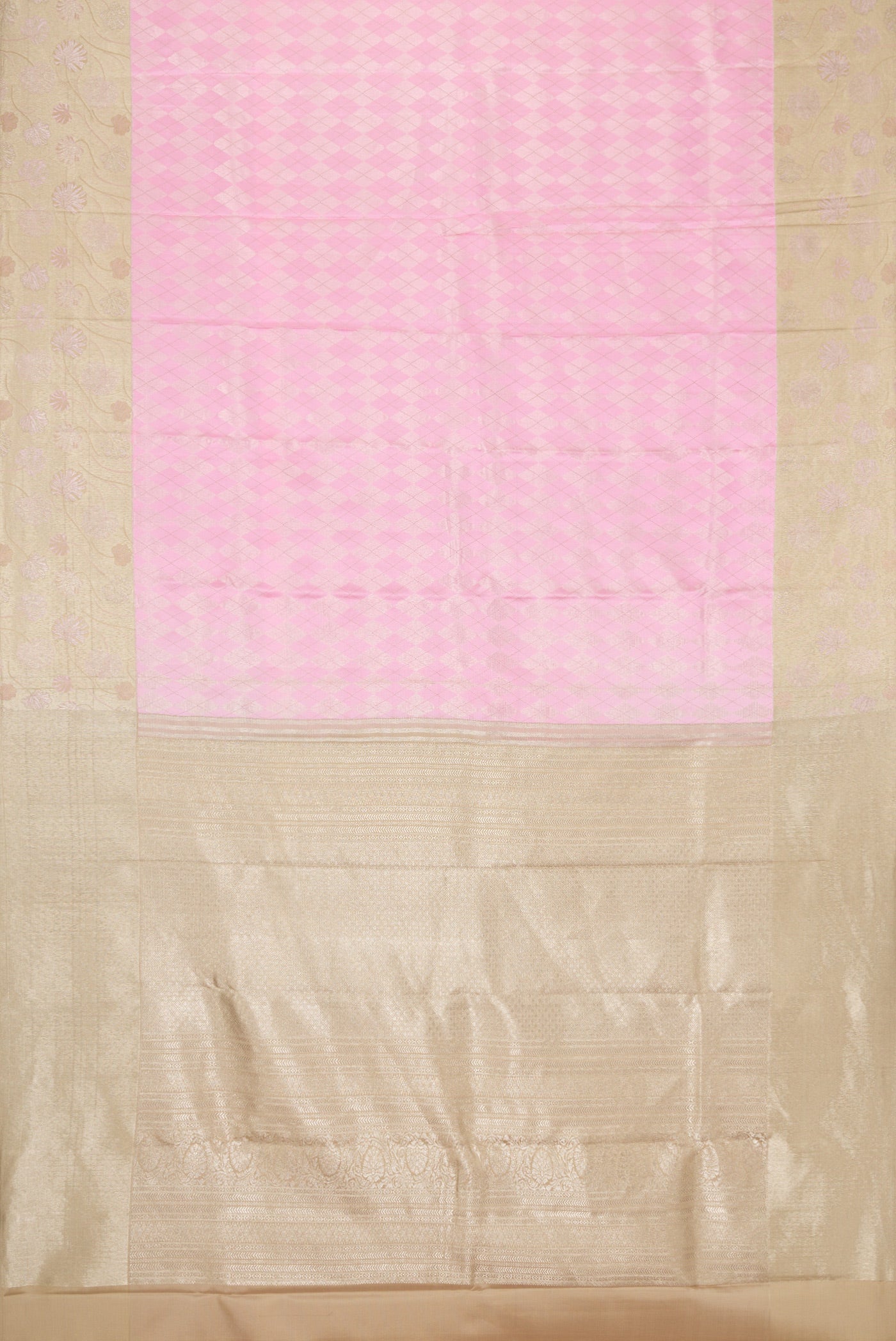 Flat view of Rose pink Dual Tone Kanjivaram Silk Saree with Zari Brocade on the body and Fancy Border. 