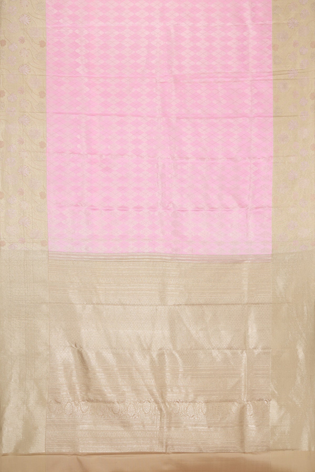 Flat view of Rose pink Dual Tone Kanjivaram Silk Saree with Zari Brocade on the body and Fancy Border. 