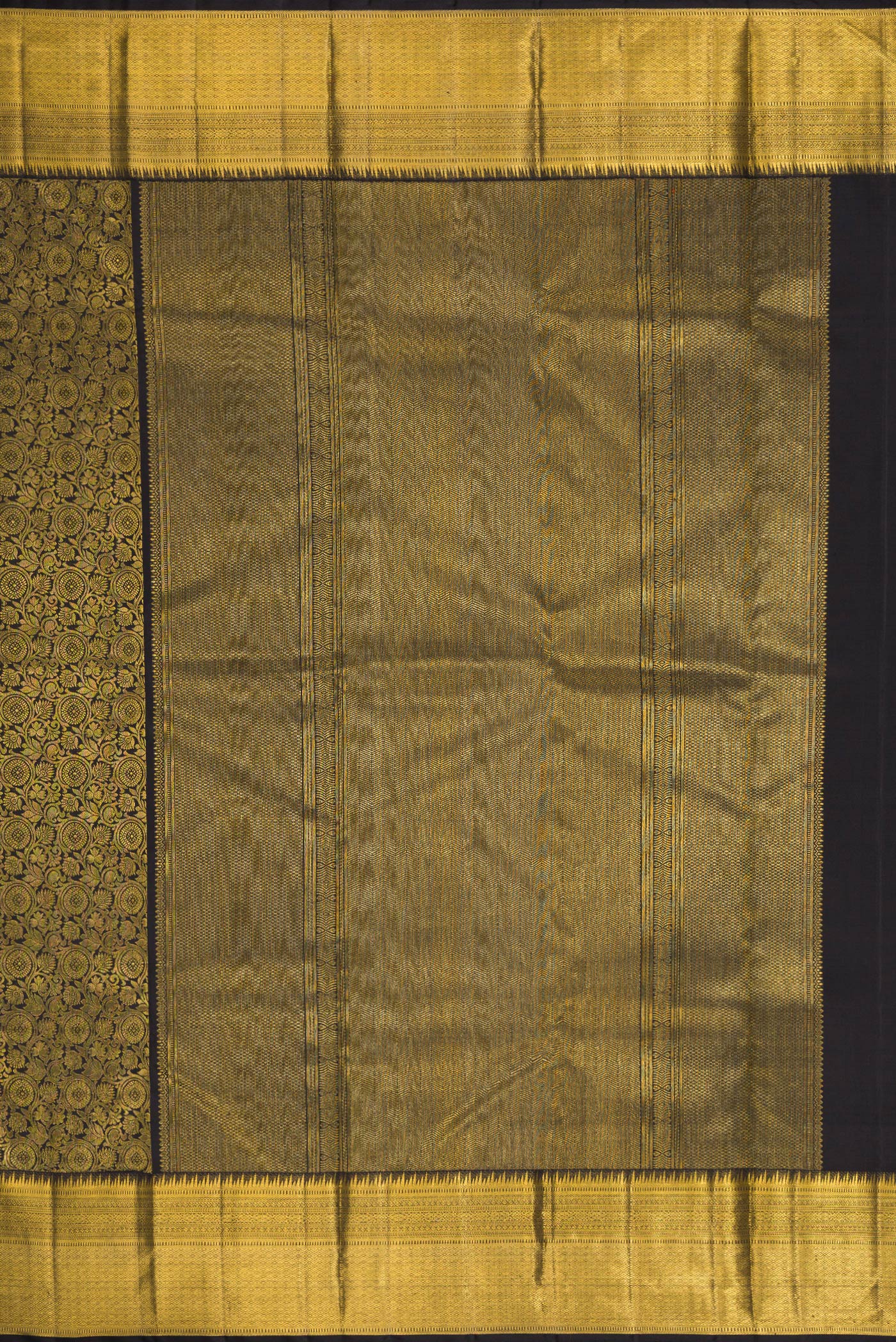 Close up image of the pallu of Pure Silk Pure Zari Black Dual Tone Kanjivaram Saree with Zari Brocade on the body and Zari Border. 