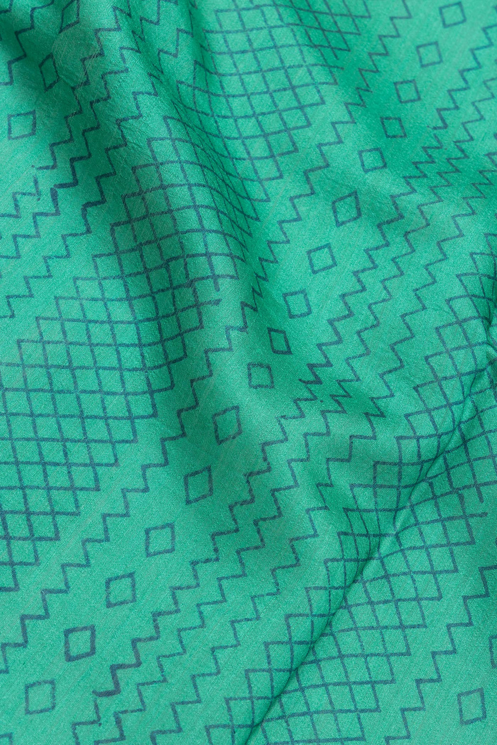 Close up of Sea Green Dual Tone Tussar Silk Saree with Printed design on the body and Plain Border.  displaying folds