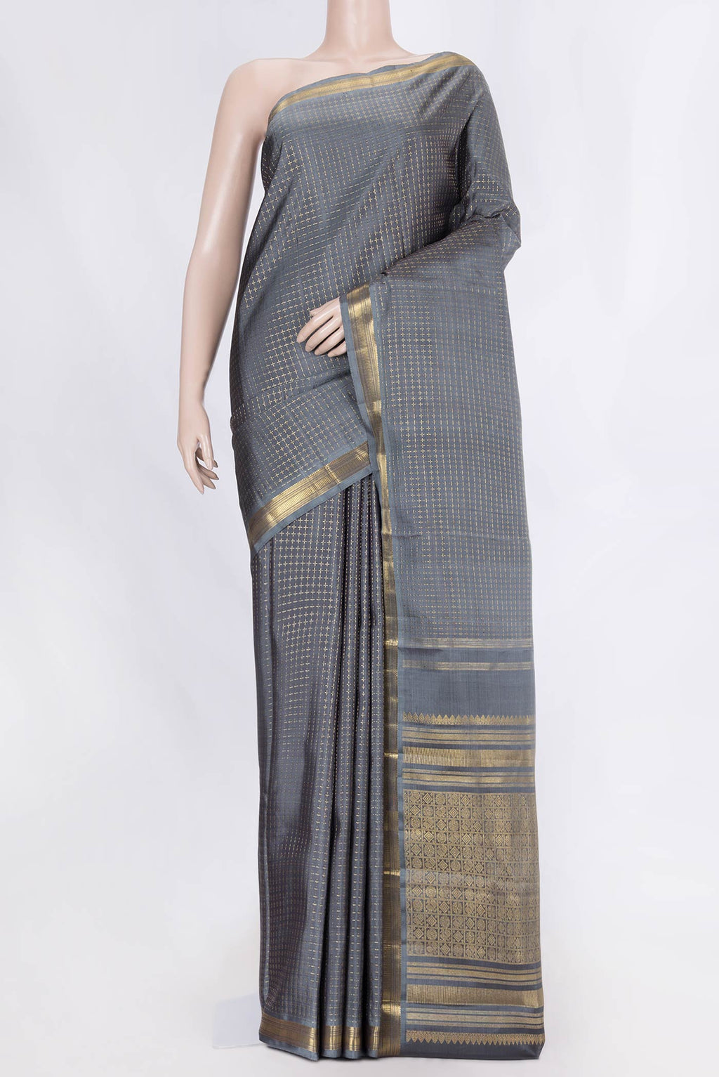Grey Dual Tone Kanchipuram Silk Saree with Checked design on the body and Zari Border displayed on a mannequin