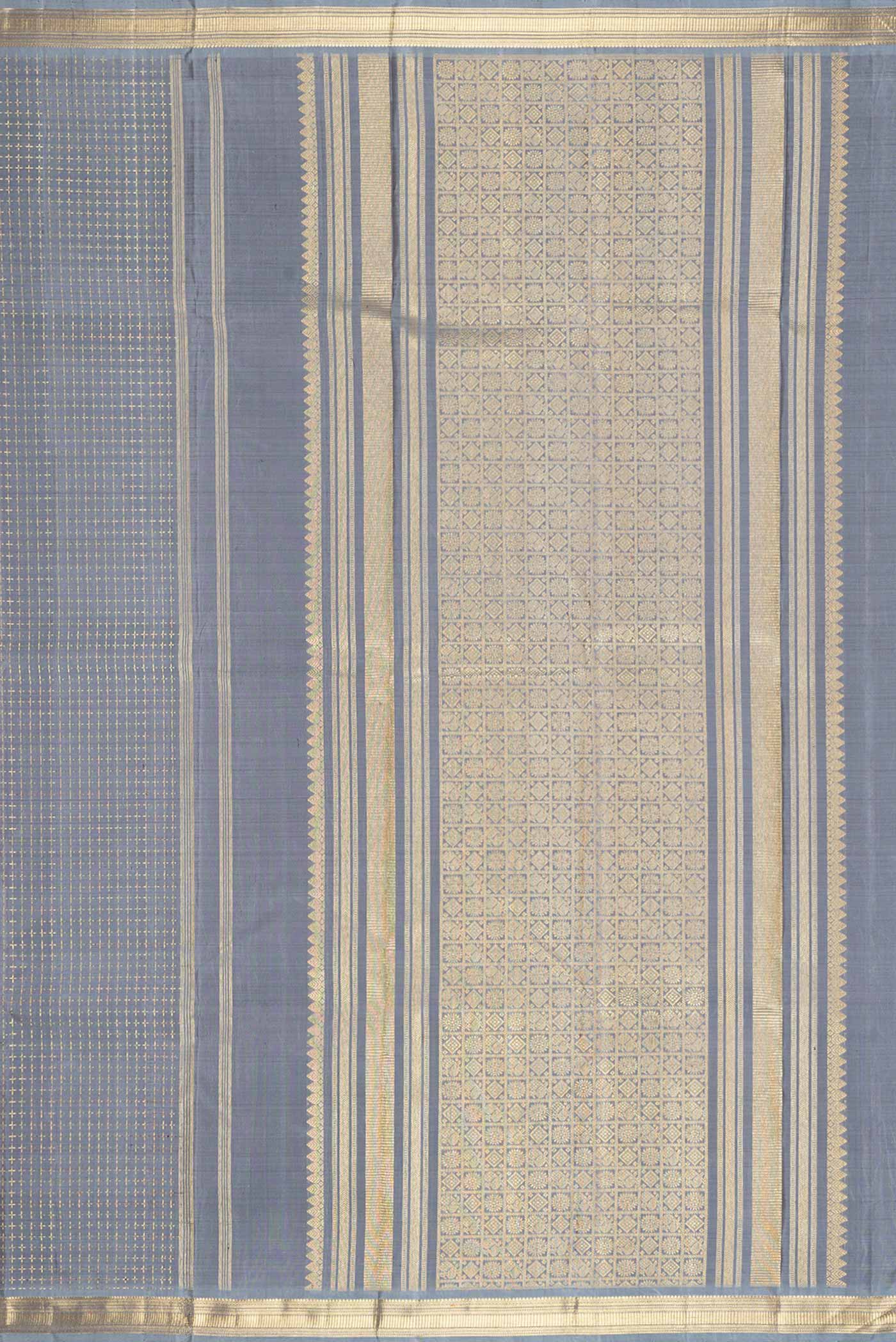 Close up image of the pallu of Grey Dual Tone Kanchipuram Silk Saree with Checked design on the body and Zari Border