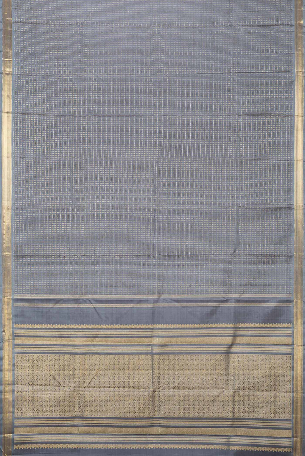 Flat view of Grey Dual Tone Kanchipuram Silk Saree with Checked design on the body and Zari Border