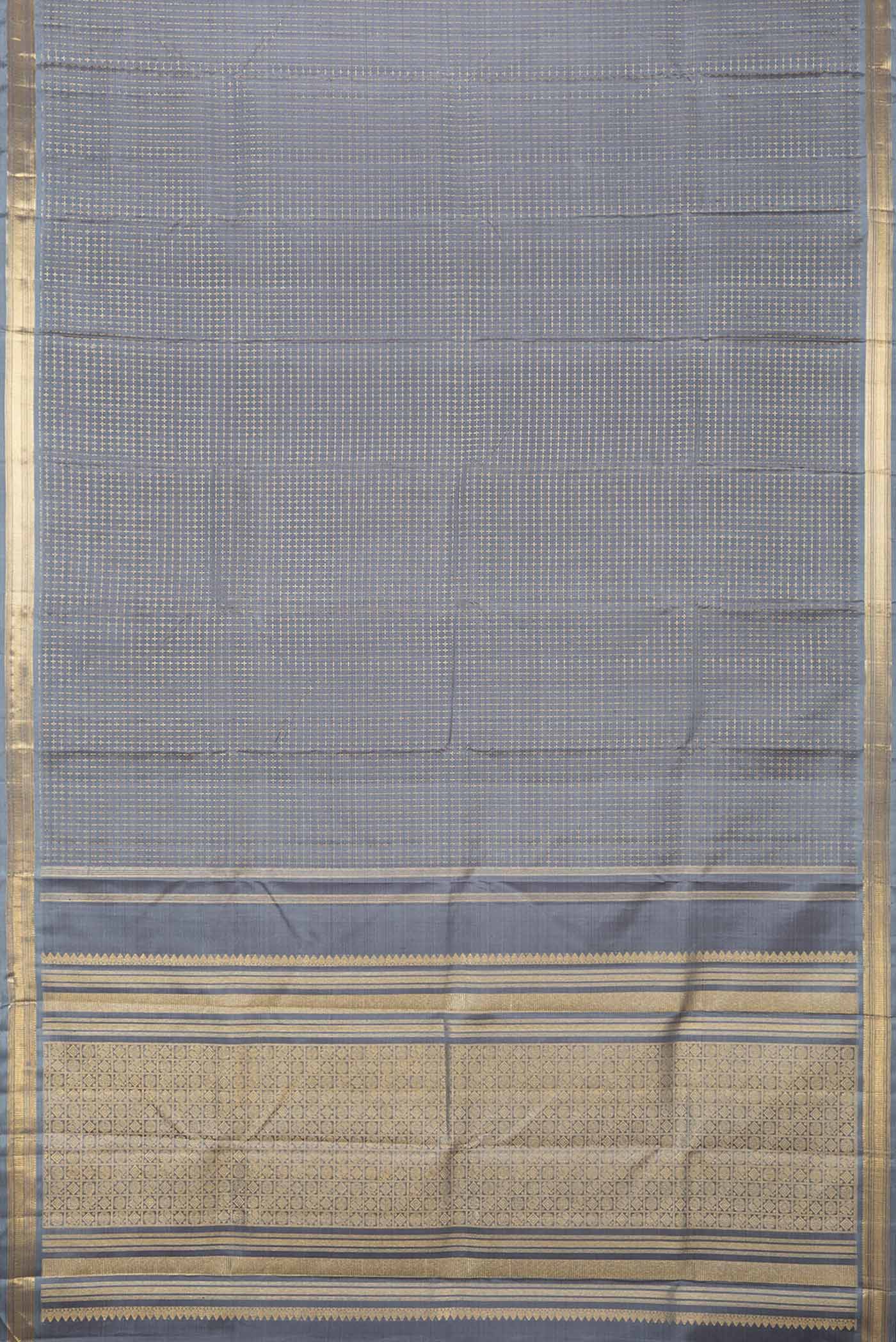 Flat view of Grey Dual Tone Kanchipuram Silk Saree with Checked design on the body and Zari Border