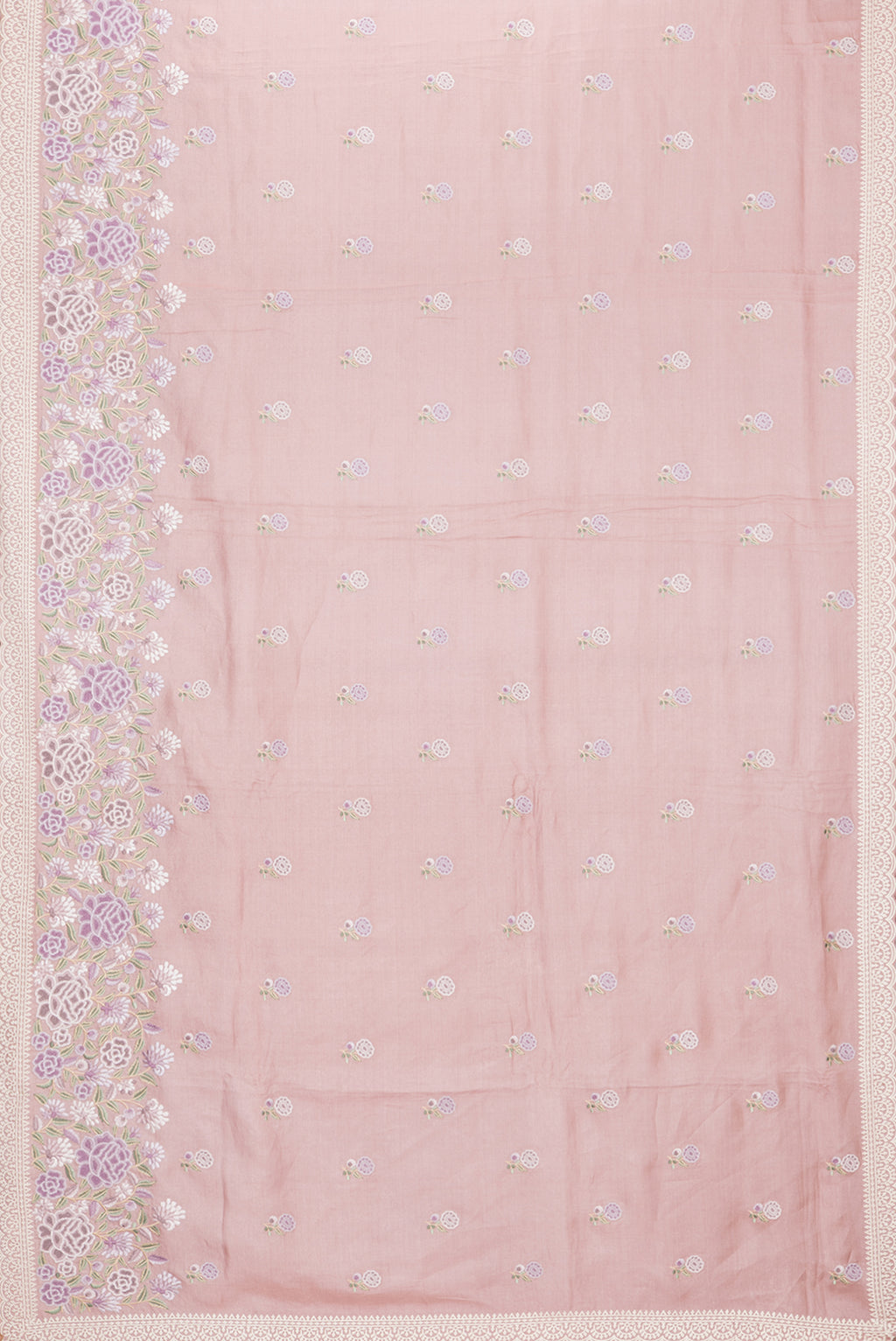 Flat view of Rose Gold Dual Tone Tussar Silk Saree with Embroidery on the body and Embroidery Border. 