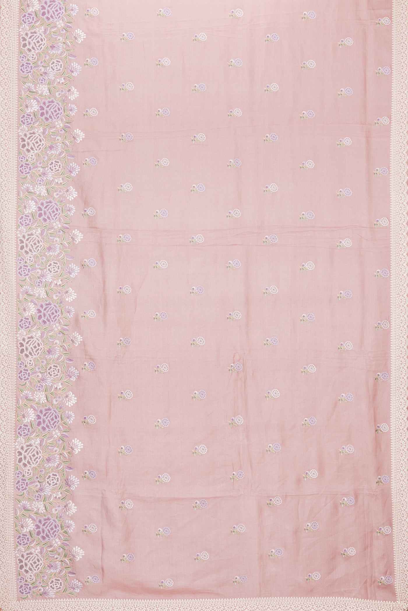 Flat view of Rose Gold Dual Tone Tussar Silk Saree with Embroidery on the body and Embroidery Border. 