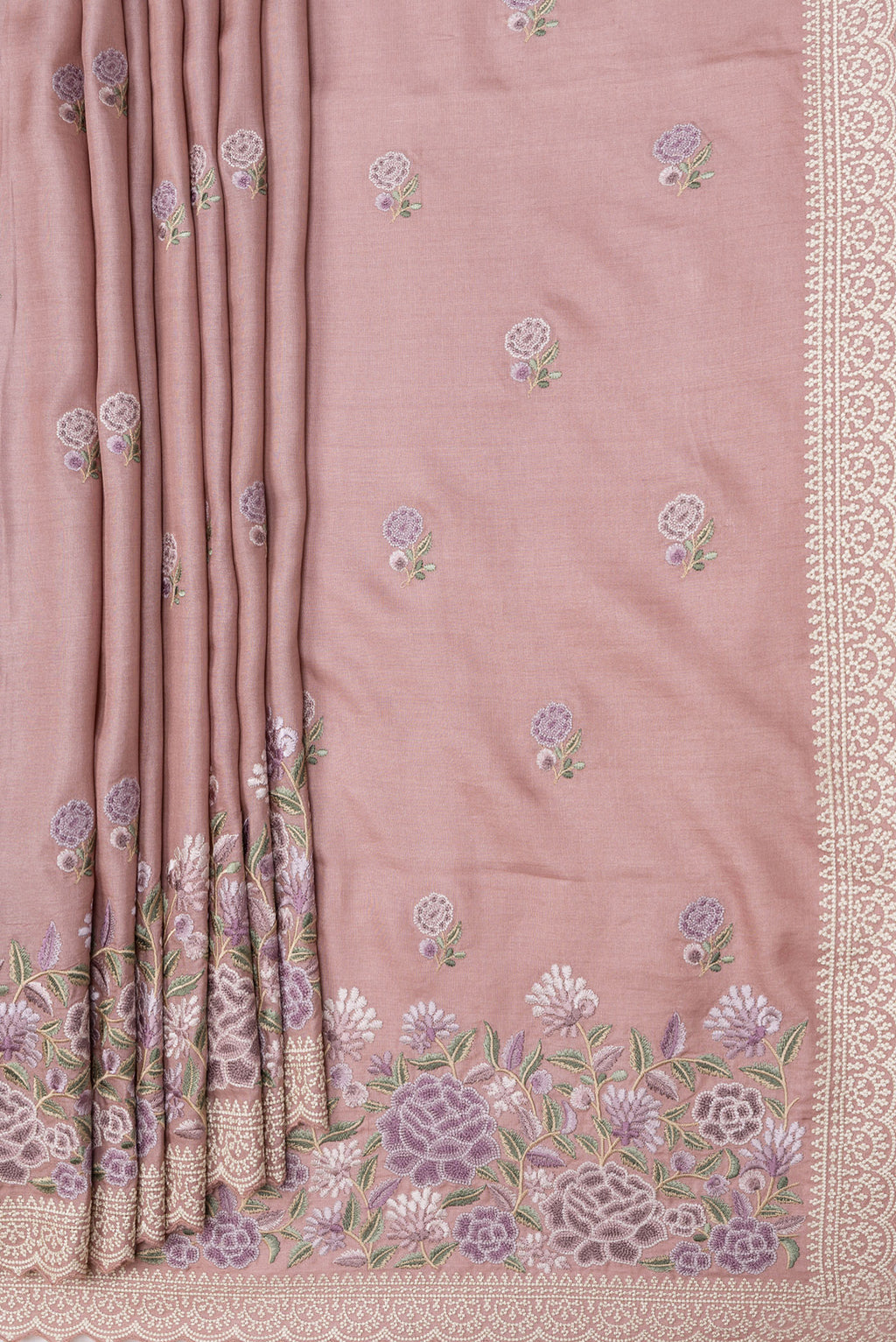 Pleats and pallu of Rose Gold Dual Tone Tussar Silk Saree with Embroidery on the body and Embroidery Border. 