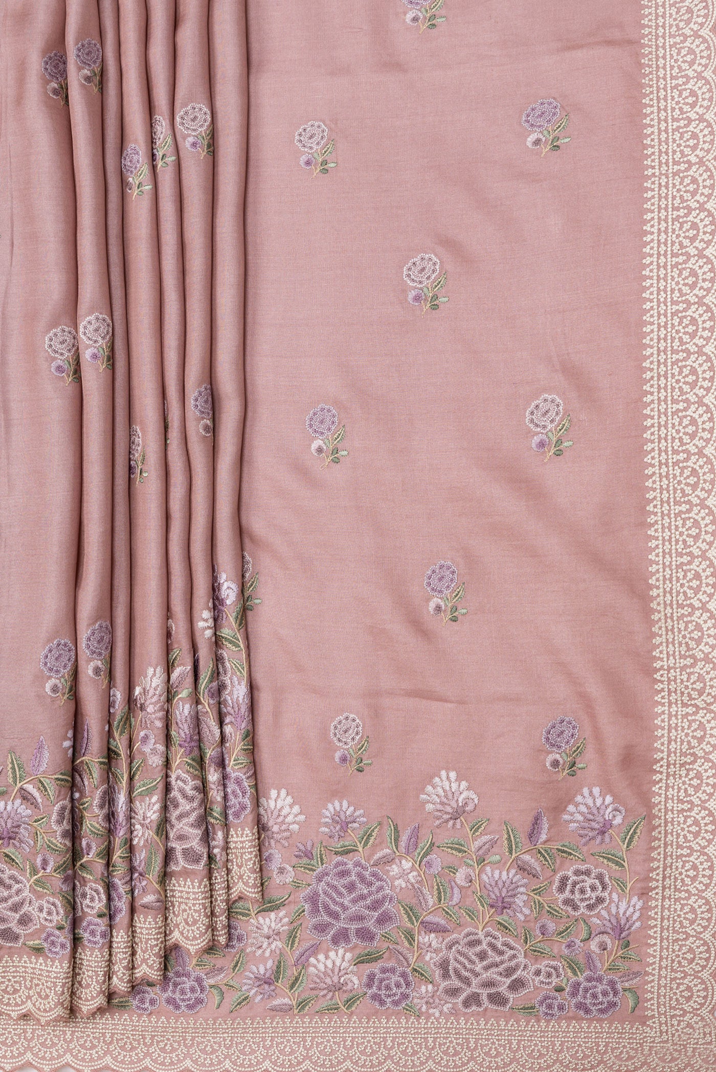 Pleats and pallu of Rose Gold Dual Tone Tussar Silk Saree with Embroidery on the body and Embroidery Border. 
