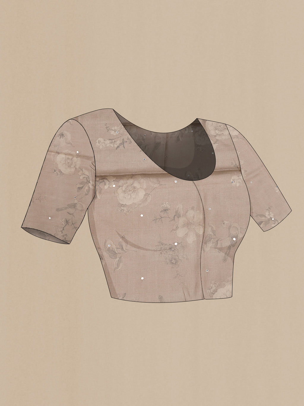 Close up image of the blouse of Brown Tussar Silk Saree with Floral Print on the body and Fancy Border