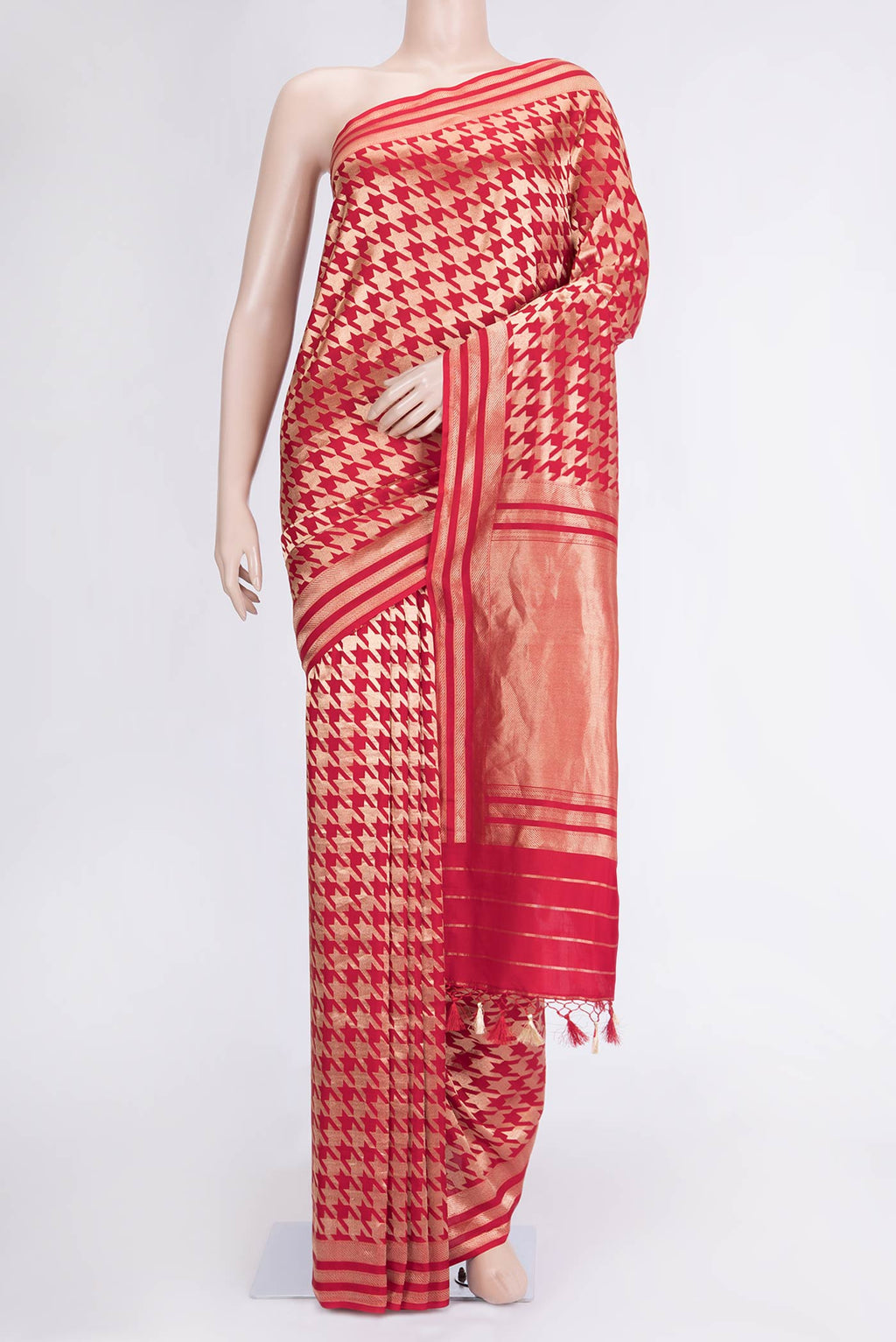 Red Dual Tone Banarasi Silk Saree with Zari Brocade on the body and Zari Border.  displayed on a mannequin